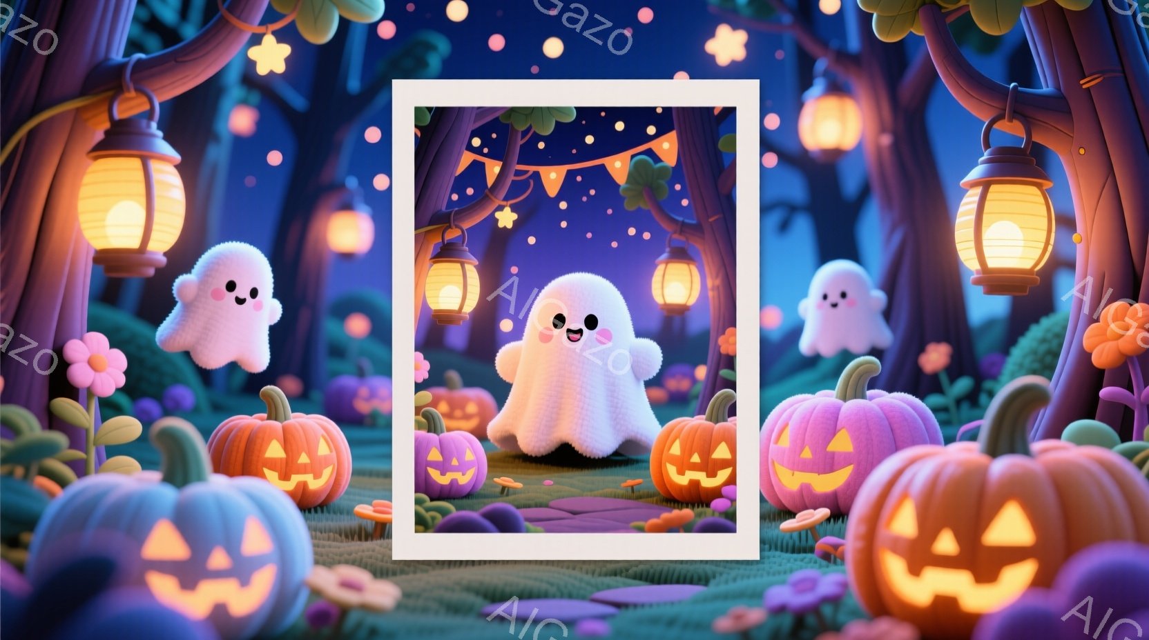 柔らかい色合いのハロウィーンの風景で、可愛らしい幽霊たちが浮かんでいます。背景には、ジャック・オー・ランタンや花、そして提灯が飾られた木々が生い茂り、幻想的な雰囲気を醸し出しています。全体的に温かく、 - AI生成フリー素材