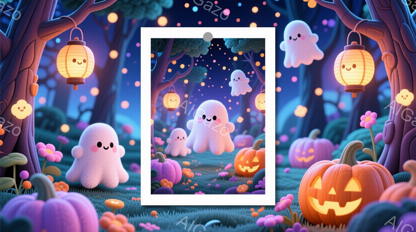 夜の森の中には、可愛らしいお化けやジャック・オ・ランタンが散りばめられています。お化けたちはふわふわとした体で、皆笑顔を見せて空中に浮かんでいます。背景には暗い木々と、点在するきのこ、そして夜空を彩る - AI生成フリー素材