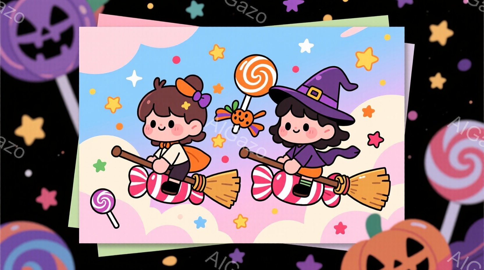 二人の女の子が、それぞれお菓子柄のほうきに乗って空を飛んでいます。片方の女の子はオレンジ色の帽子と服を着ており、もう片方の女の子は紫色の魔女帽子と黒い服を着ています。背景にはキャンディやカボチャ、星が - AI生成フリー素材