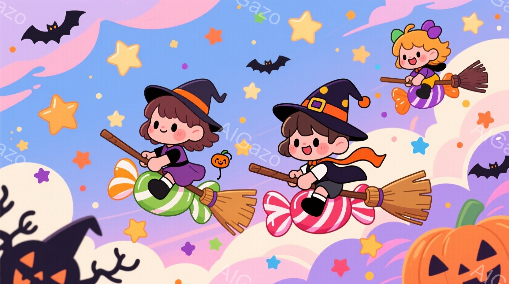 明るい背景に、帽子をかぶった可愛らしい女の子たちがほうきに乗って空を飛んでいます。彼女たちはそれぞれキャンディの形をしたプラットフォームに座り、楽しそうな表情をしています。背景には、星、カボチャ、コウ - AI生成フリー素材