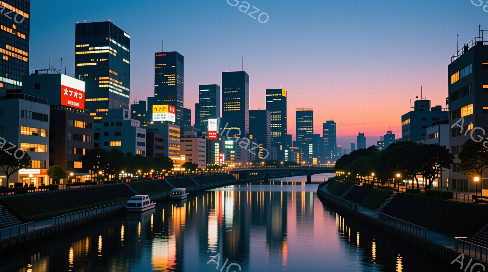 夕暮れ時の都市の運河の風景を描いています。高層ビル群が夕焼けに照らされ、水面に鮮やかな反射を作り出しています。運河には数隻の船が浮かび、街灯が点灯し始めており、穏やかで幻想的な雰囲気を醸し出しています - AI生成フリー素材