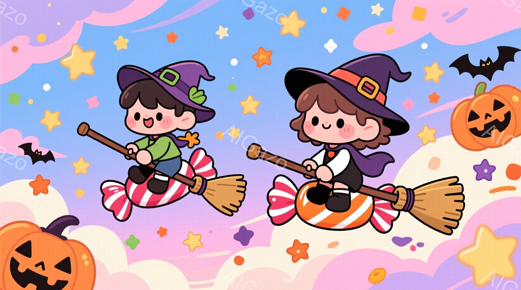 ほうきに乗って空を飛んでいる可愛らしい女の子が二人描かれています。彼女たちはそれぞれピンクと白の縞模様のリボンがついたほうきに乗り、緑色のトップスと黒いスカートを着ています。背景にはオレンジ、紫、黄色 - AI生成フリー素材