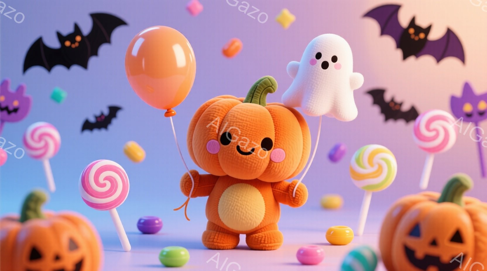 オレンジ色のカボチャの着ぐるみを着たキャラクターが、バルーンと幽霊のぬいぐるみを手に立っています。背景にはハロウィーンの飾り付けとして、カボチャのランタン、キャンディ、コウモリ、そしてカラフルな粒々が散りばめられています。全体的に明るく、お祭り騒ぎのような楽しい雰囲気です。