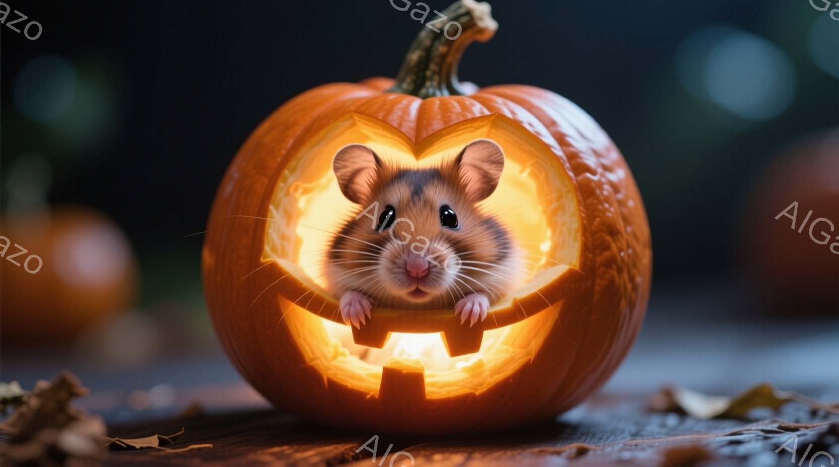 オレンジ色のくり抜かれたハロウィーンカボチャの中に、小さなハムスターが可愛らしく顔を出しています。ハムスターは好奇心に満ちた表情で前を見つめ、前足でカボチャの縁に手を添えています。背景には木製のテーブ - AI生成フリー素材