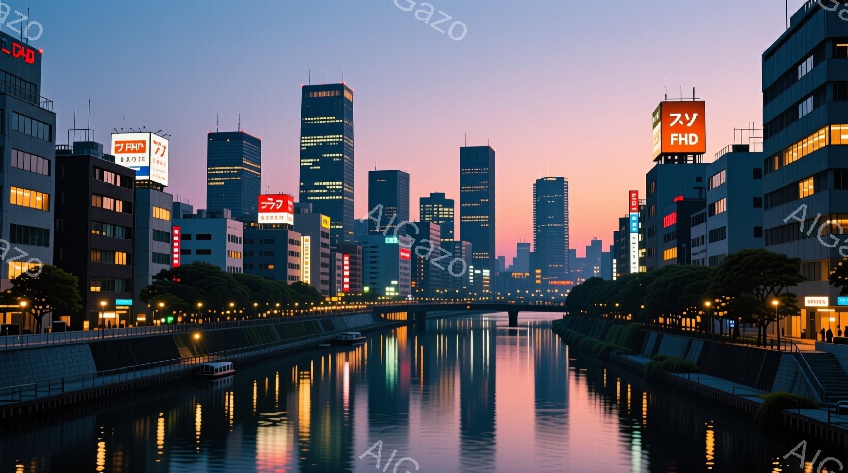 夕暮れ時の都市の運河の風景を描いています。高い建物が両側に立ち並び、水面にオレンジと紫色の光が反射して美しい光景を作り出しています。街灯やビルの明かりが水面に映り込み、運河沿いの木々がシルエットとなって、静かで穏やかな雰囲気を醸し出しています。