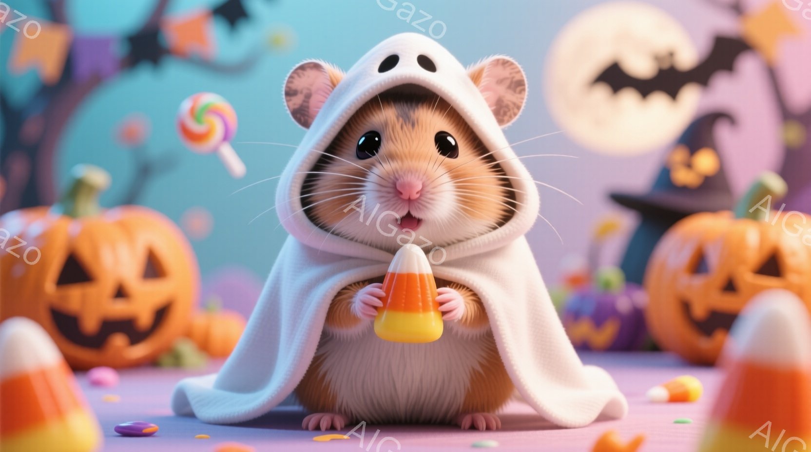 ハムスターが白いお化けの衣装を着て、オレンジ色のキャンディーコーンを両手で抱えています。背景には、ジャック・オー・ランタン、カラフルなキャンディー、そして夜空に浮かぶ満月とコウモリが描かれており、ハロ - AI生成フリー素材