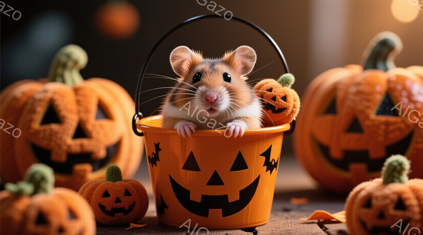 オレンジ色のハロウィーンのバケツの中に、可愛らしいハムスターが座っています。周囲には様々な大きさのジャック・オー・ランタンが置かれ、ハロウィーンの雰囲気を盛り上げています。全体的に暖色系の色使いで、温 - AI生成フリー素材