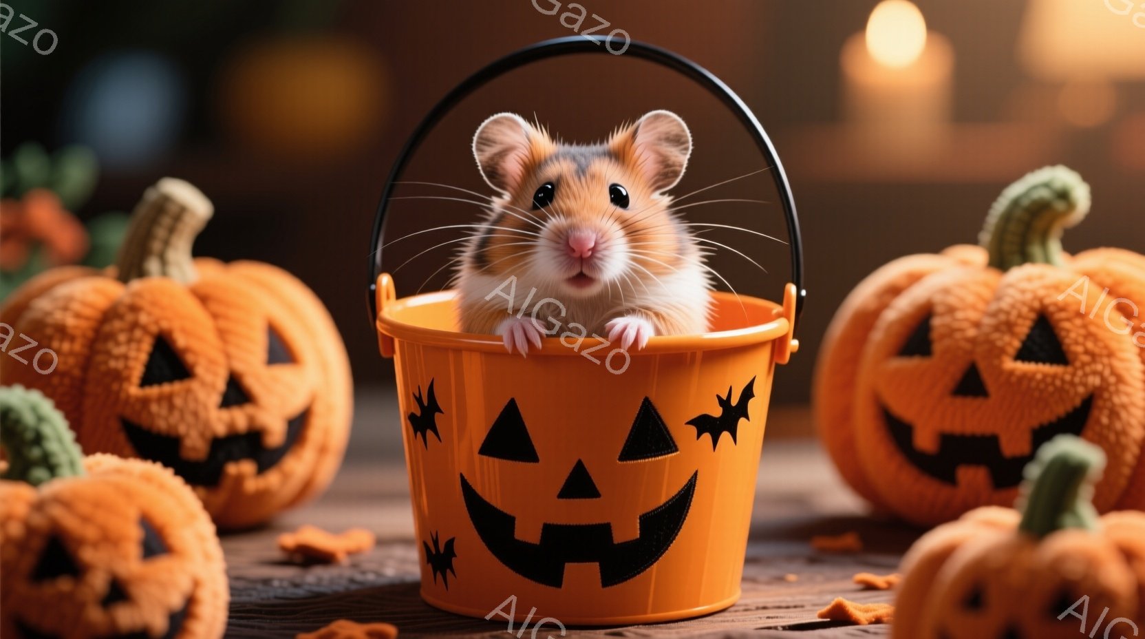 オレンジ色のハロウィンバケツの中に、小さなハムスターが可愛らしく座っています。ハムスターは前足をバケツの縁に出し、少し好奇心と緊張が混ざった表情でカメラを見つめています。背景には、可愛らしいジャック・ - AI生成フリー素材