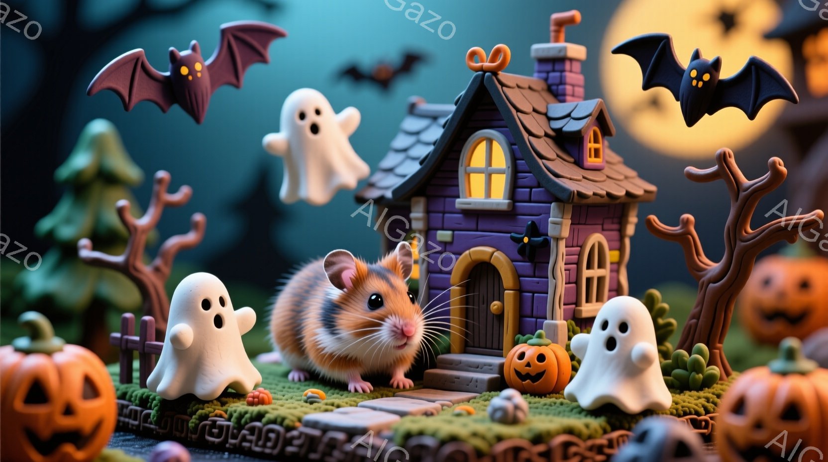 ハムスターが不気味な紫色の家とハロウィーンの装飾に囲まれています。幽霊、コウモリ、ジャック・オ・ランタンが庭に散らばっており、少し不気味でありながらも可愛らしい雰囲気を作り出しています。背景は暗い緑と暗闇で、ハロウィーンの夜の雰囲気を強調しています。