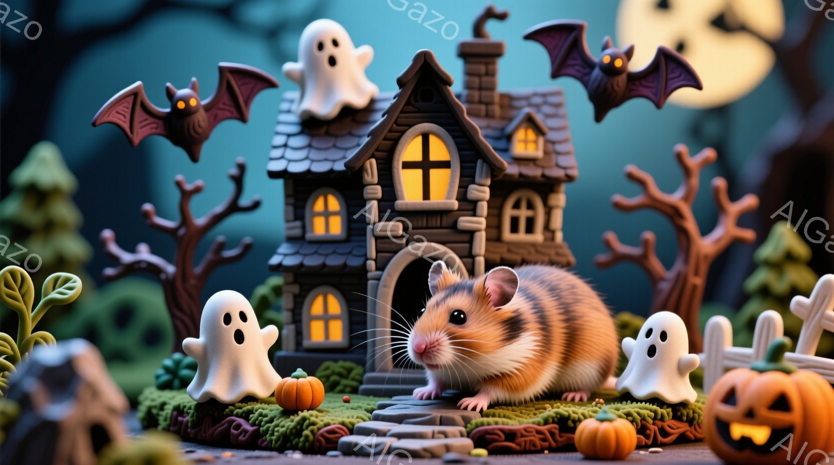 ハムスターが不気味なハロウィーンの風景の中にいます。背景には、幽霊、コウモリ、ジャック・オ・ランタン、不気味な屋敷、墓石が配置されています。全体的に、夜の暗さと明るいハロウィーンの装飾が対照的で、遊び心のある不気味な雰囲気を醸し出しています。