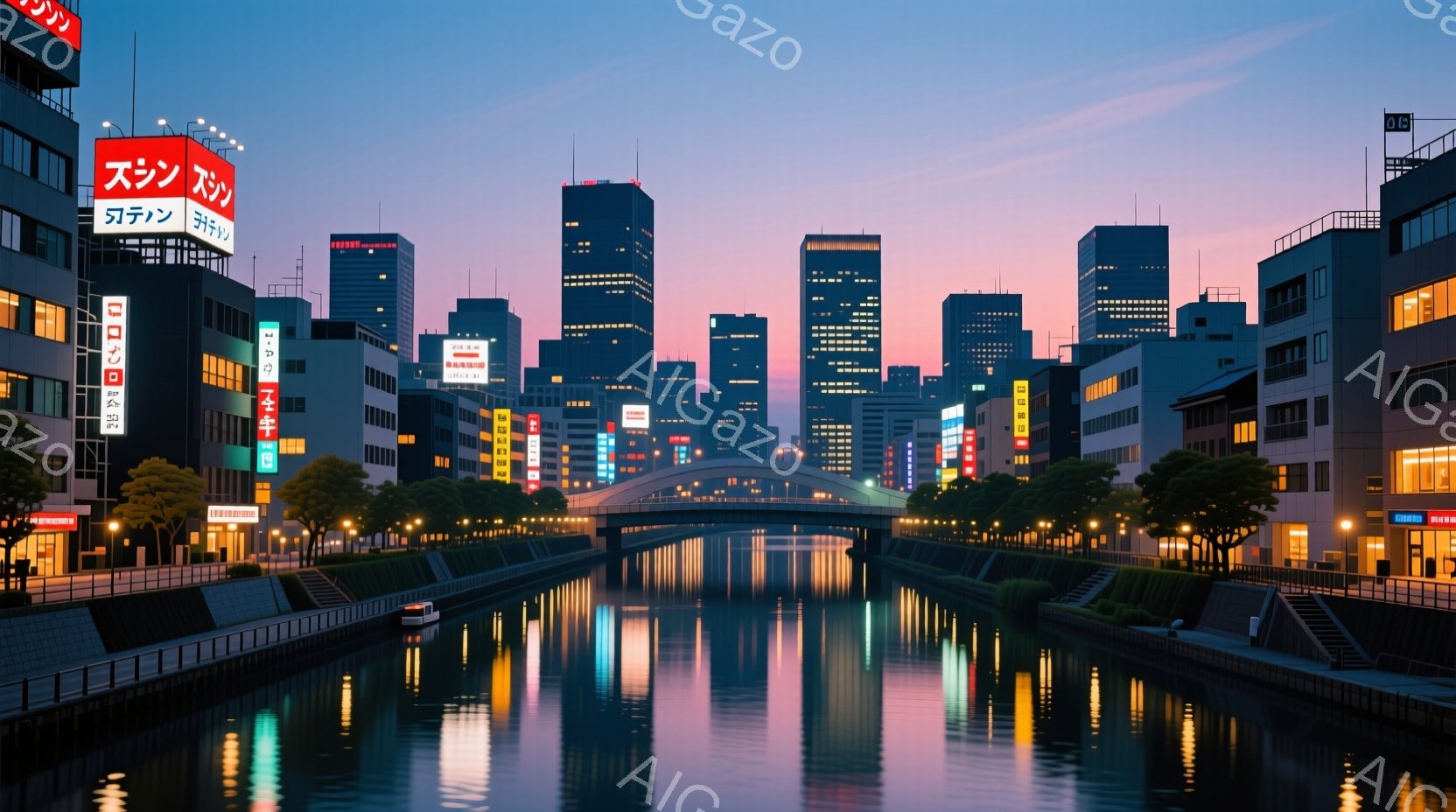 夜明け前の都市の風景で、運河が建物の間を流れています。高層ビル群がシルエットとなって立ち並び、運河の水面にオレンジと紫色の光が反射して美しい光景を作り出しています。運河沿いには街灯が灯り、木々が緑を添 - AI生成フリー素材