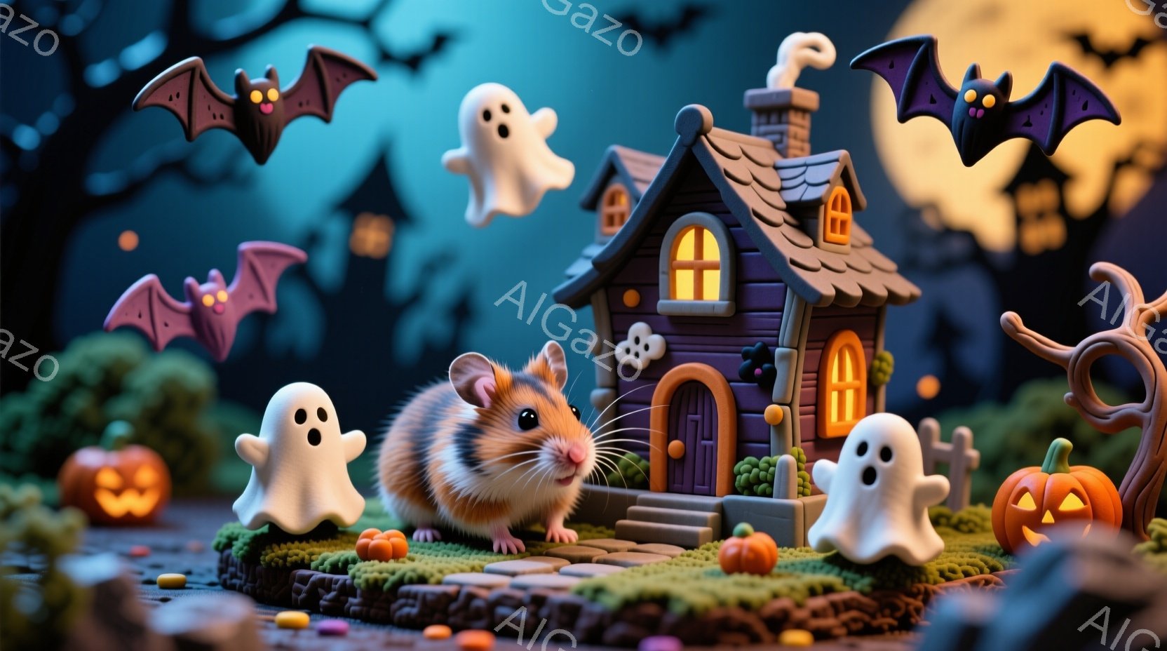 ハムスターが、ハロウィーンのデコレーションが施された芝生の上に立っています。紫色の屋根を持つ可愛らしい家と、浮かぶお化けやカボチャ、コウモリが背景にあり、夜空には満月が輝いています。全体的に、可愛らし - AI生成フリー素材
