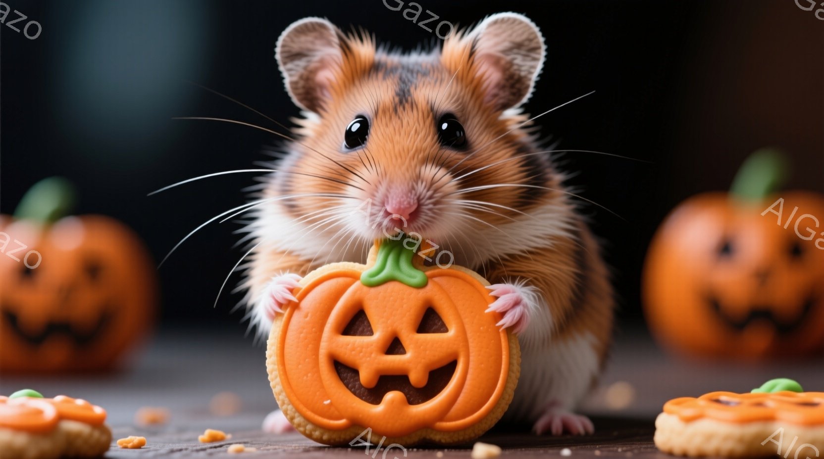 ハムスターがハロウィーンのパンプキンクッキーを両手で抱えています。その表情はとても可愛らしく、まるで宝物を持っているかのように見えます。背景には、同じくパンプキンクッキーがいくつか配置され、ハロウィーンの楽しい雰囲気を醸し出しています。