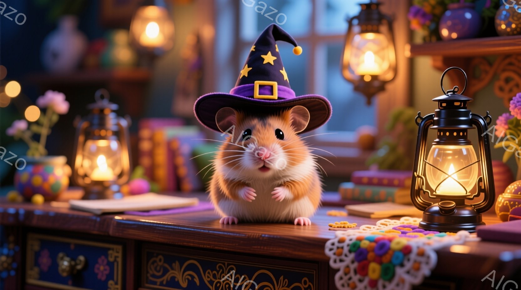 ふわふわのハムスターが、紫色の帯のついた黒い魔女帽子を被り、木製のテーブルの上に座っています。ハムスターは正面を見ており、少し微笑んでいるようで、可愛らしい表情をしています。背景には本やキャンドル、ラ - AI生成フリー素材