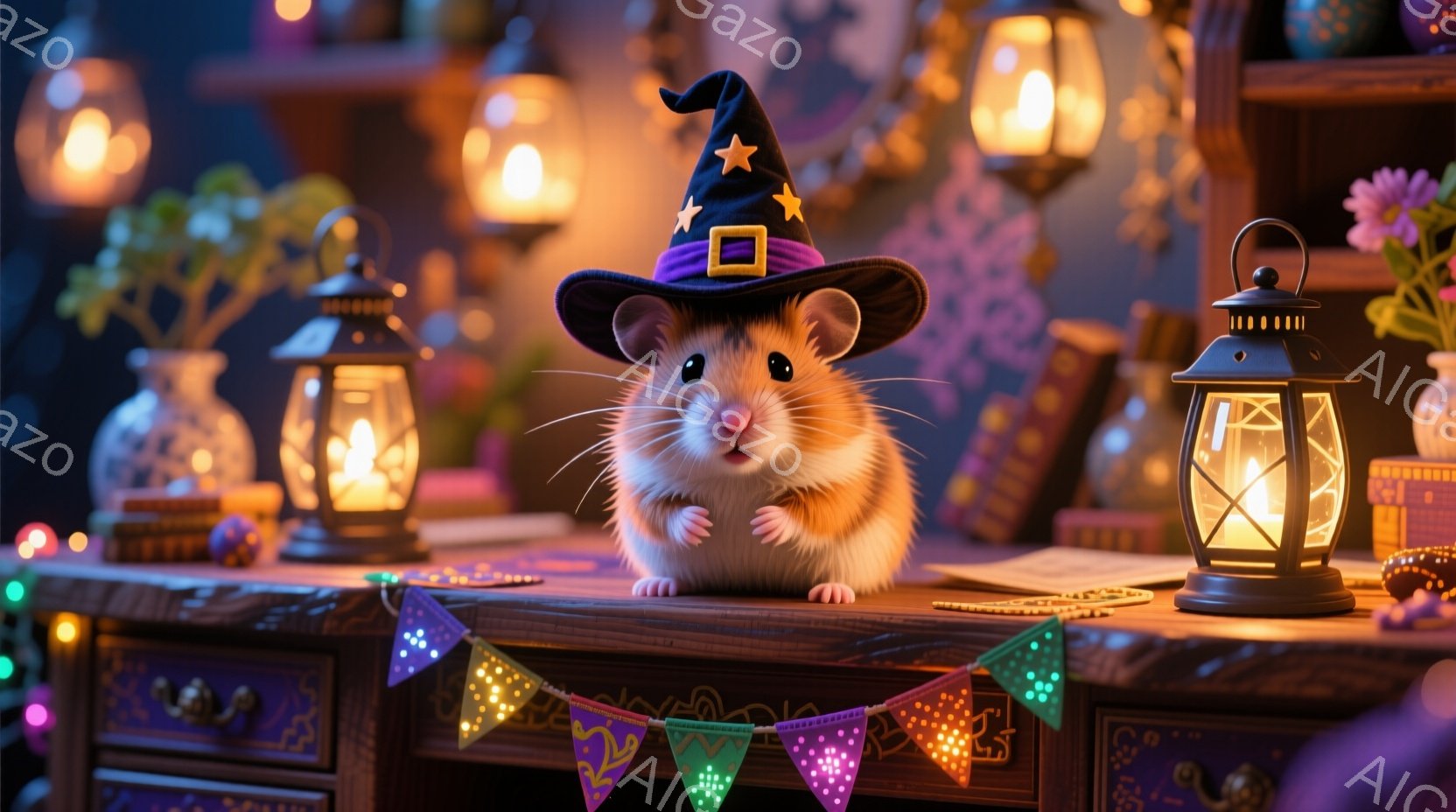 小さなハムスターが、先のとがった魔女帽子をかぶり、木製のテーブルの上に座っています。ハムスターは正面を見据え、少し微笑んでいるように見え、その表情は可愛らしいです。背景には、様々な大きさの提灯や、花瓶 - AI生成フリー素材