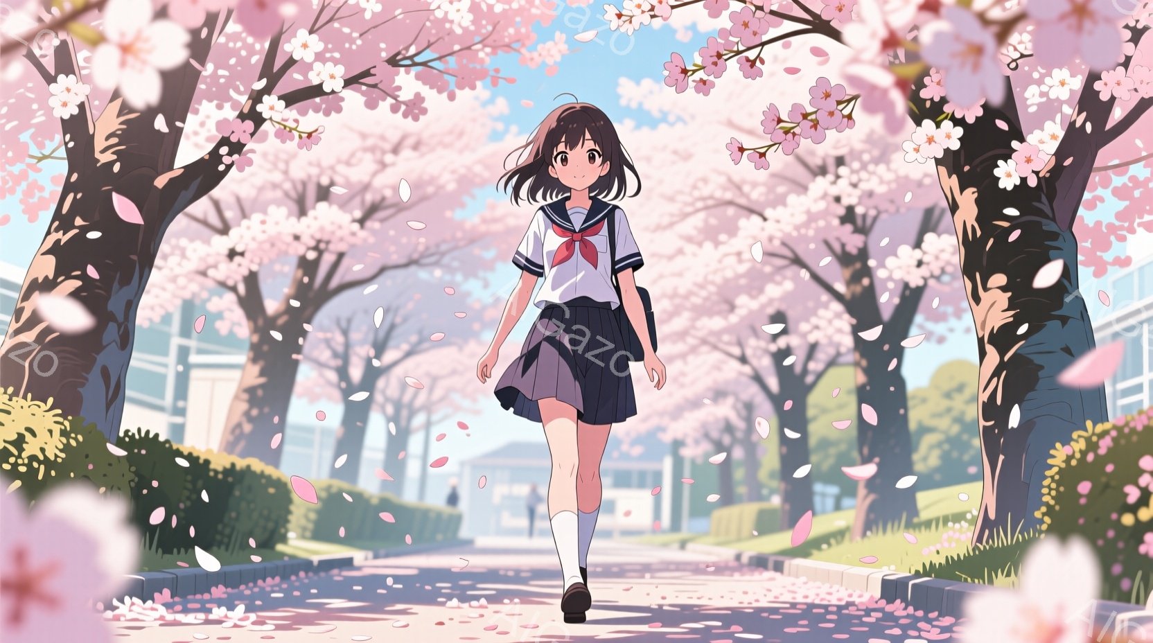短い茶色の髪に、前髪が少しだけ顔にかかる少女が描かれている。紺色の制服に白い膝上ソックス、黒い靴を履き、桜並木の中を歩いている。背景には、桜の花びらが舞い散り、薄いピンク色に染まった道と、遠くに見える - AI生成フリー素材