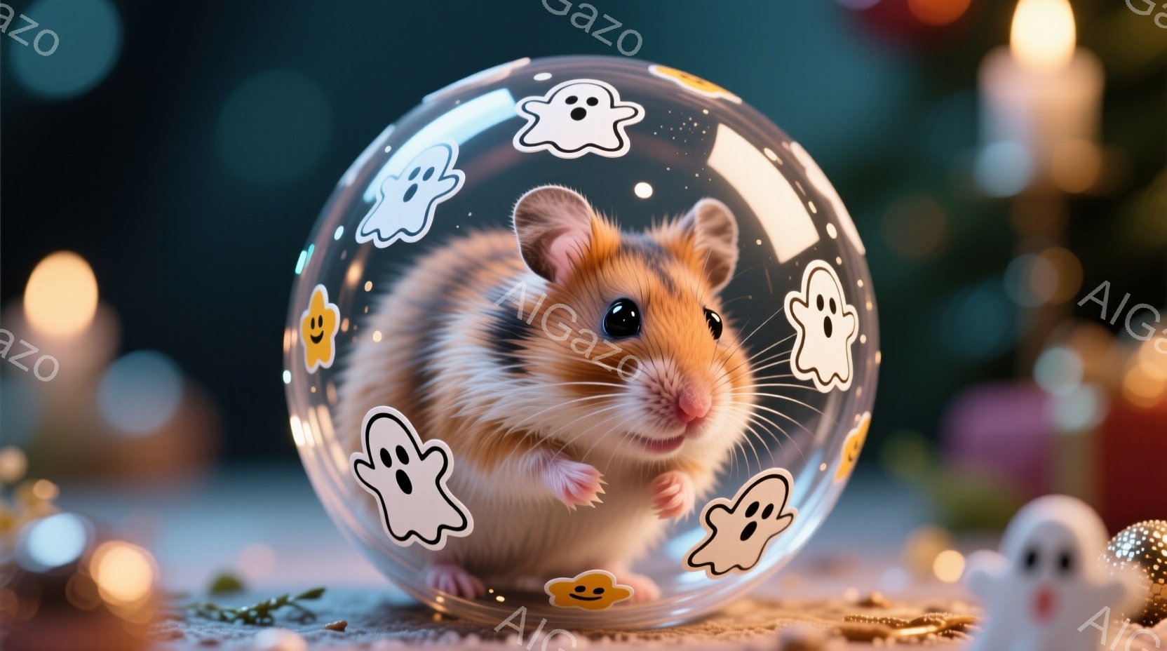 茶色と白のハムスターが透明な球体の中に座っており、周囲にはかわいいお化けのステッカーが飾られています。ハムスターは少し緊張した表情で前方を向いており、ふわふわの毛並みが特徴的です。背景はぼやけた光のぼやけと、小さな白いお化けの置物で、全体的に暖かく遊び心のある雰囲気を醸し出しています。