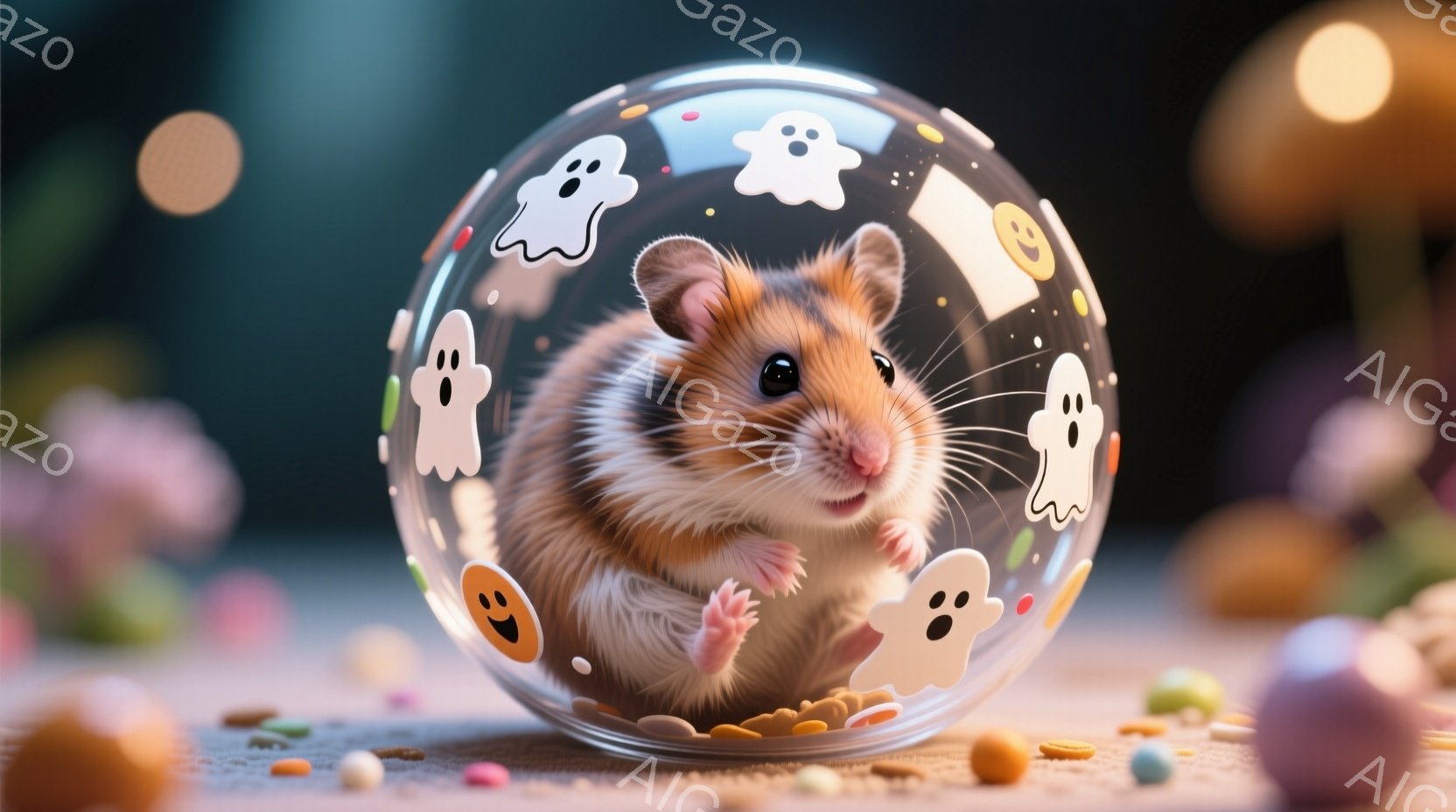 小さなハムスターが透明な球体の中にいます。ハムスターはオレンジと白の毛並みで、丸い体で球体の底に座り、カメラを見つめています。背景には、パステルカラーのキャンディーやぼんやりとしたオレンジ色のカボチャが散りばめられており、ハロウィーンの雰囲気を感じさせます。