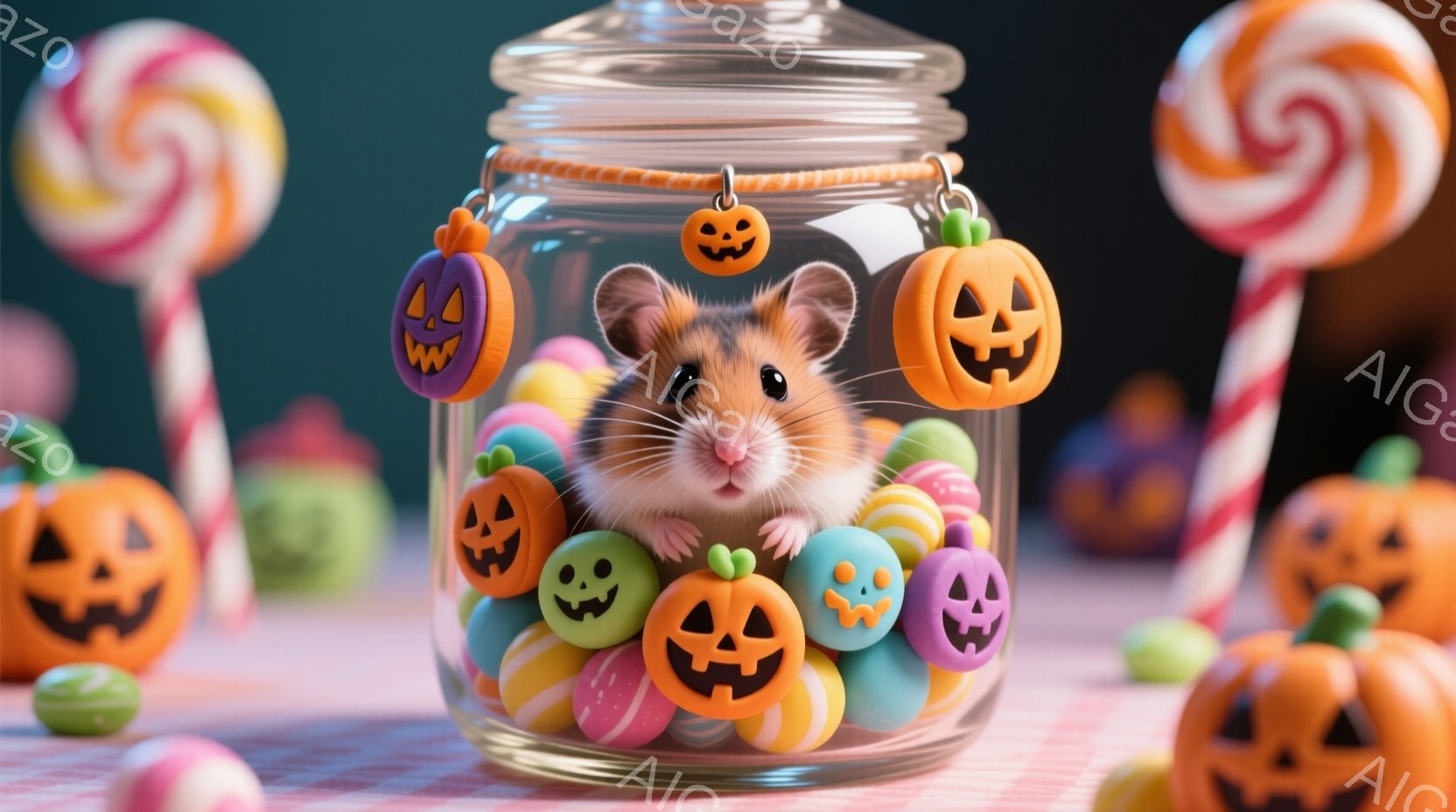 小さなハムスターが、カラフルなキャンディーとハロウィーンの小さなカボチャに囲まれてガラスの瓶の中にいます。ハムスターは丸まって座り、好奇心と少しの戸惑いの表情で正面を見ています。背景には、さらにハロウィーンのカボチャや棒付きキャンディーが配置され、全体的に祝祭的で可愛らしい雰囲気を醸し出しています。
