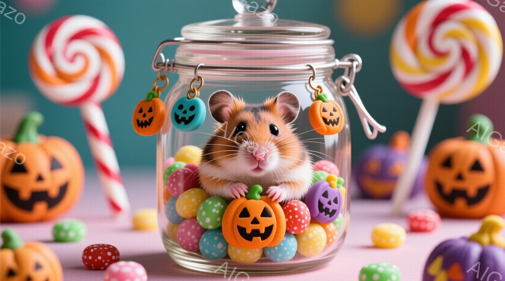 小さなハムスターが、カラフルなキャンディーで満たされたガラス瓶の中で丸まっています。瓶の周りには、ハロウィーンのテーマである、カボチャの顔のついたお菓子や棒付きキャンディーが配置されています。全体的に、ハロウィーンの雰囲気を醸し出す、可愛らしくて遊び心のあるイメージです。