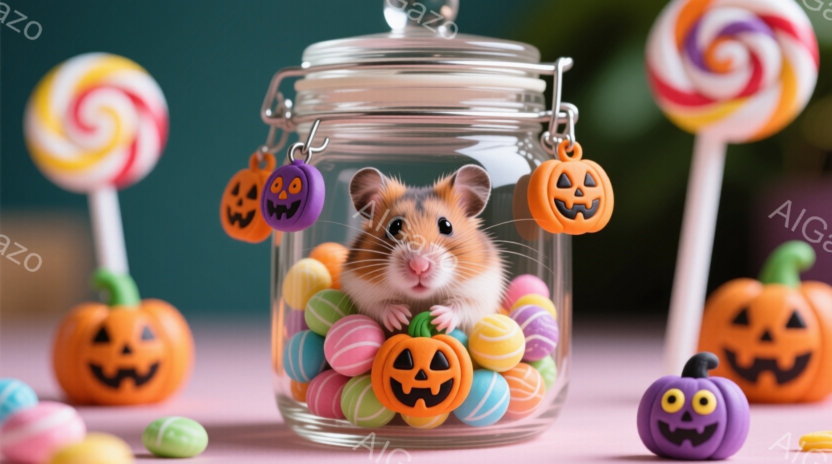 ハムスターがカラフルなキャンディーでいっぱいのガラス瓶の中にいます。瓶の周りには、さまざまなサイズのハロウィーンカボチャの置物が飾られており、可愛らしい雰囲気を演出しています。全体的に明るく、お祭り気分で、ハロウィーンを連想させる、楽しい光景です。