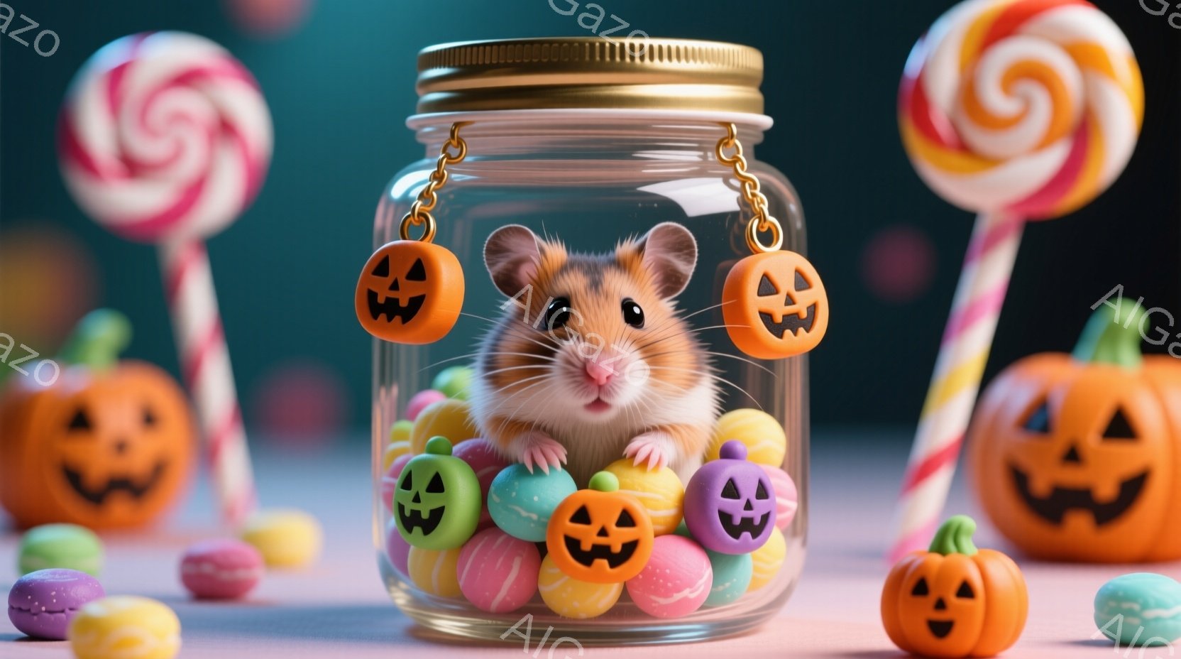 ガラスの瓶の中に、かわいらしいハムスターがカラフルなキャンディーやハロウィーンの飾りと共に写っています。ハムスターは少し驚いたような表情で、好奇心いっぱいの目をしています。背景には、ハロウィーンカボチャや棒付きキャンディーが配置され、お祝いの雰囲気を醸し出しています。