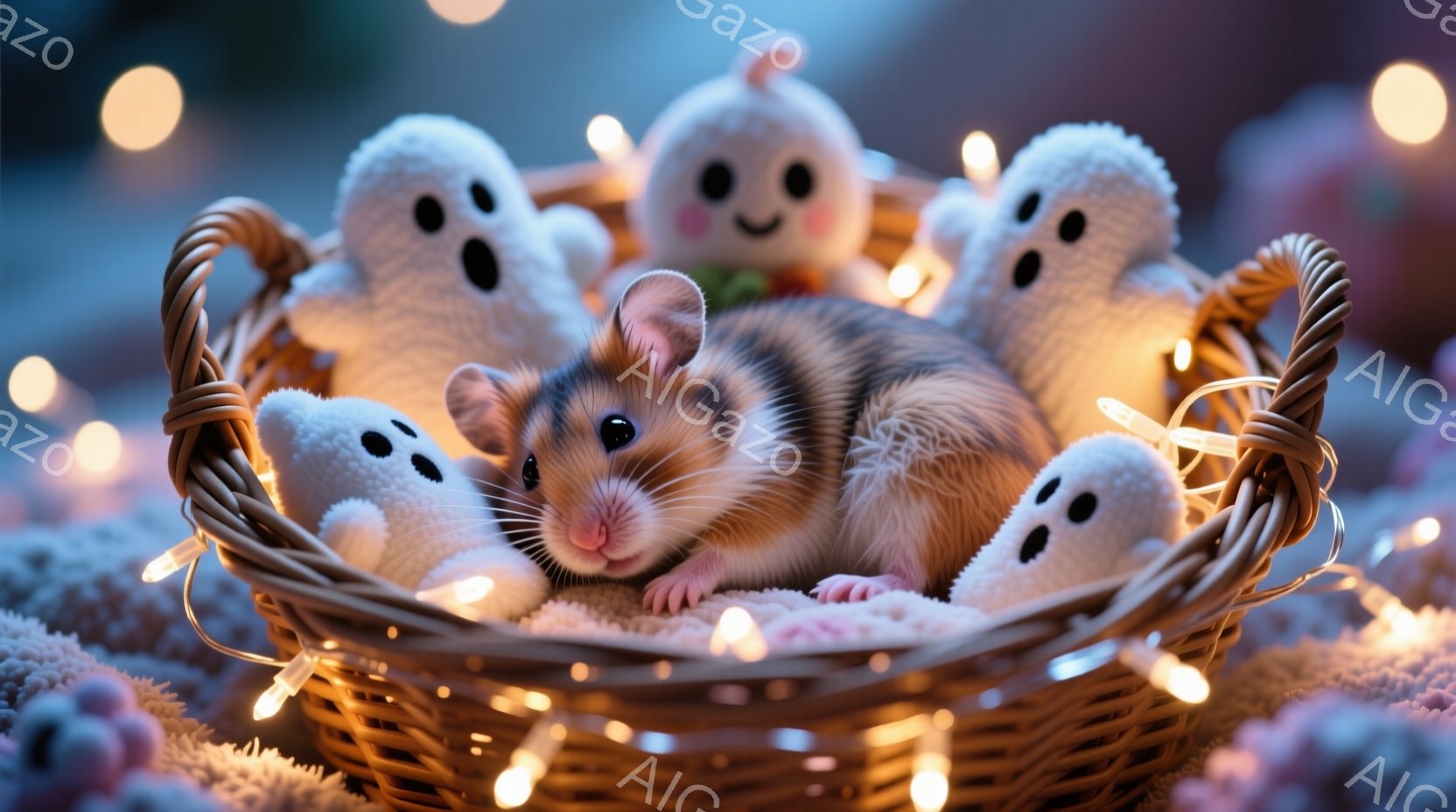 小さなハムスターが、かわいらしいお化けのぬいぐるみに囲まれてバスケットの中に座っています。ハムスターは明るい茶色と白の毛並みで、黒く光る目を持ち、リラックスした表情をしています。背景にはぼやけた暖かい - AI生成フリー素材