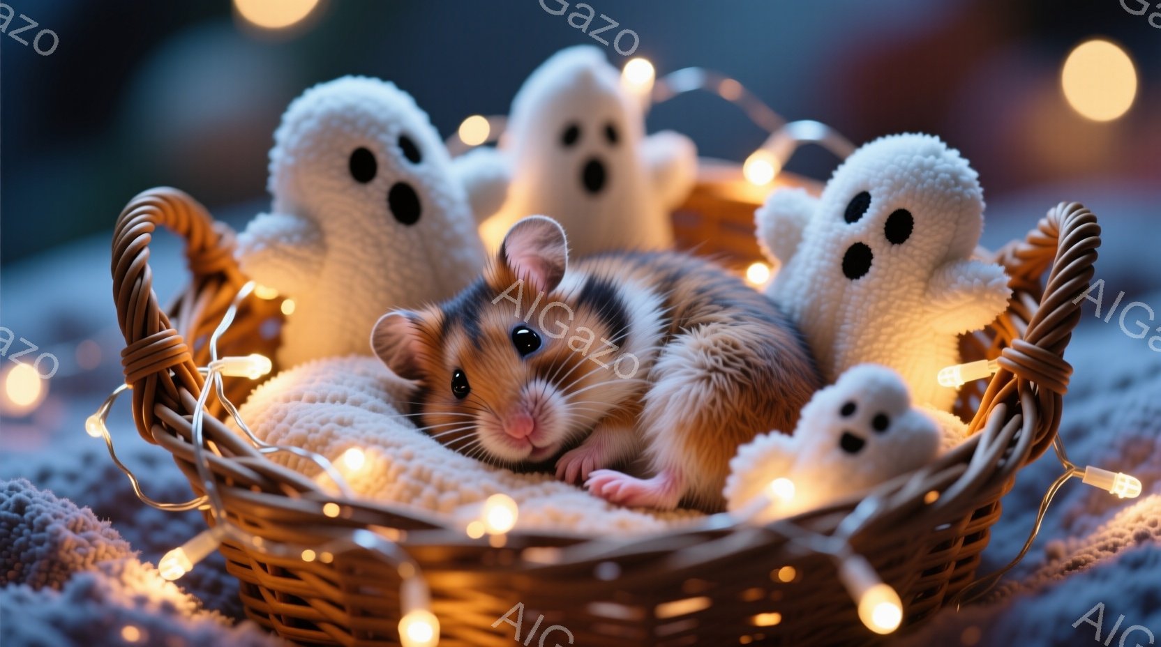 小さなハムスターが、かわいらしい白いお化けの人形に囲まれて、編み物のバスケットの中で丸くなっています。背景にはぼやけたライトが散りばめられ、柔らかく暖かい雰囲気を醸し出しています。ハムスターはリラック - AI生成フリー素材