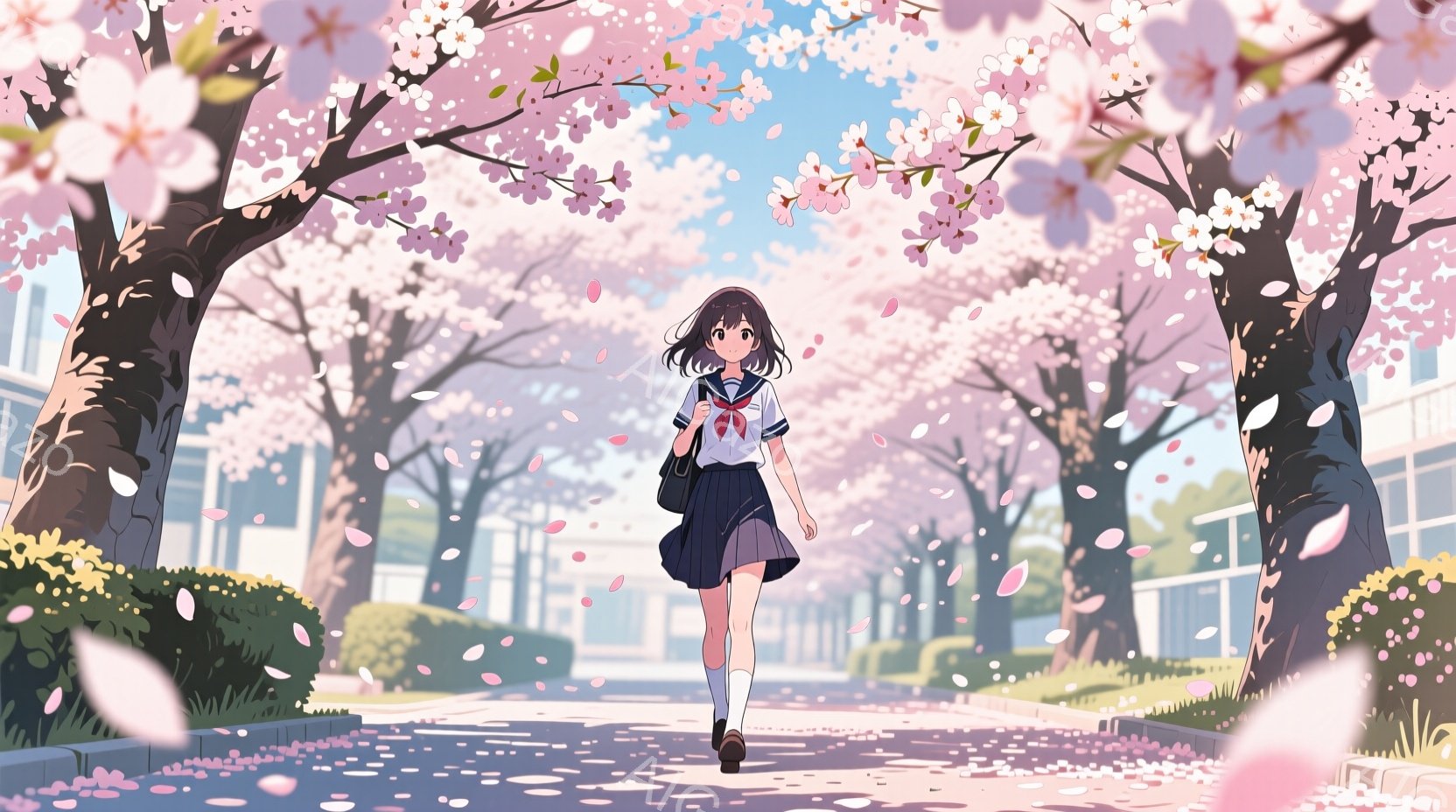 制服を着た少女が、桜並木の中を歩いている。彼女は濃い茶色のショートヘアで、少し微笑んだ表情をしている。背景には、桜の花びらが舞い散る校舎と、明るい青空が広がっており、春の暖かく希望に満ちた雰囲気を表現している。