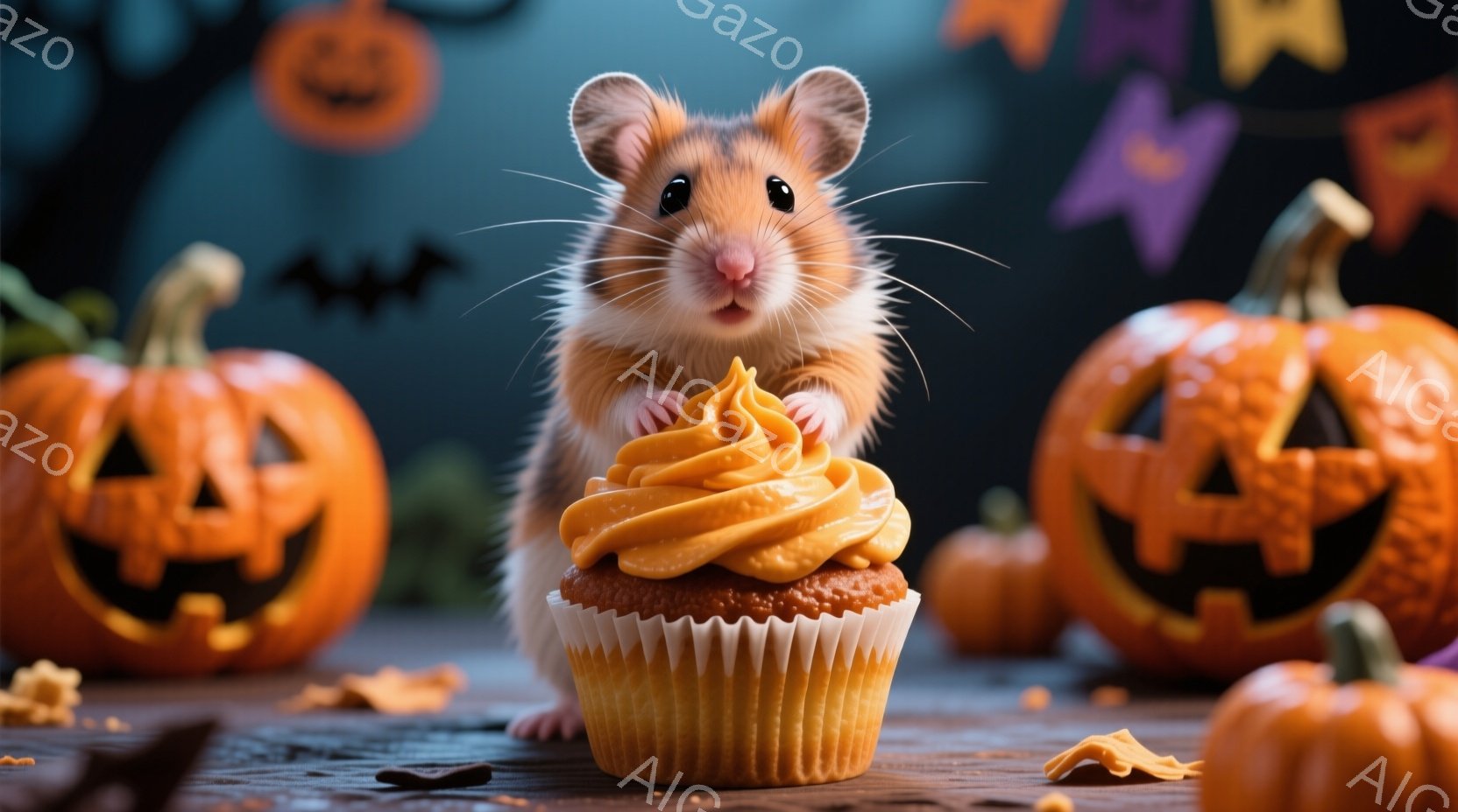 小さなハムスターが、オレンジ色のクリームを乗せたカップケーキの前に座っています。背景には、ジャック・オ・ランタンがいくつか置かれ、ハロウィーンの雰囲気を醸し出しています。木製のテーブルの上に落ち葉が散 - AI生成フリー素材