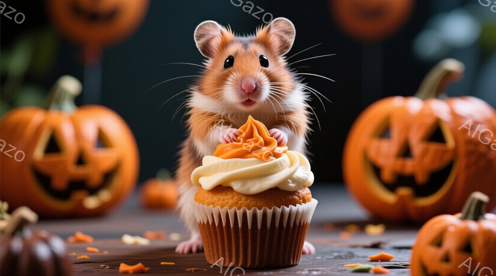 ハムスターが大きなカップケーキの前に立っており、お菓子を見つめています。背景には、ハロウィーンのランタンがいくつか配置され、秋らしい雰囲気を醸し出しています。全体的に暖かく、可愛らしい印象を与える写真です。