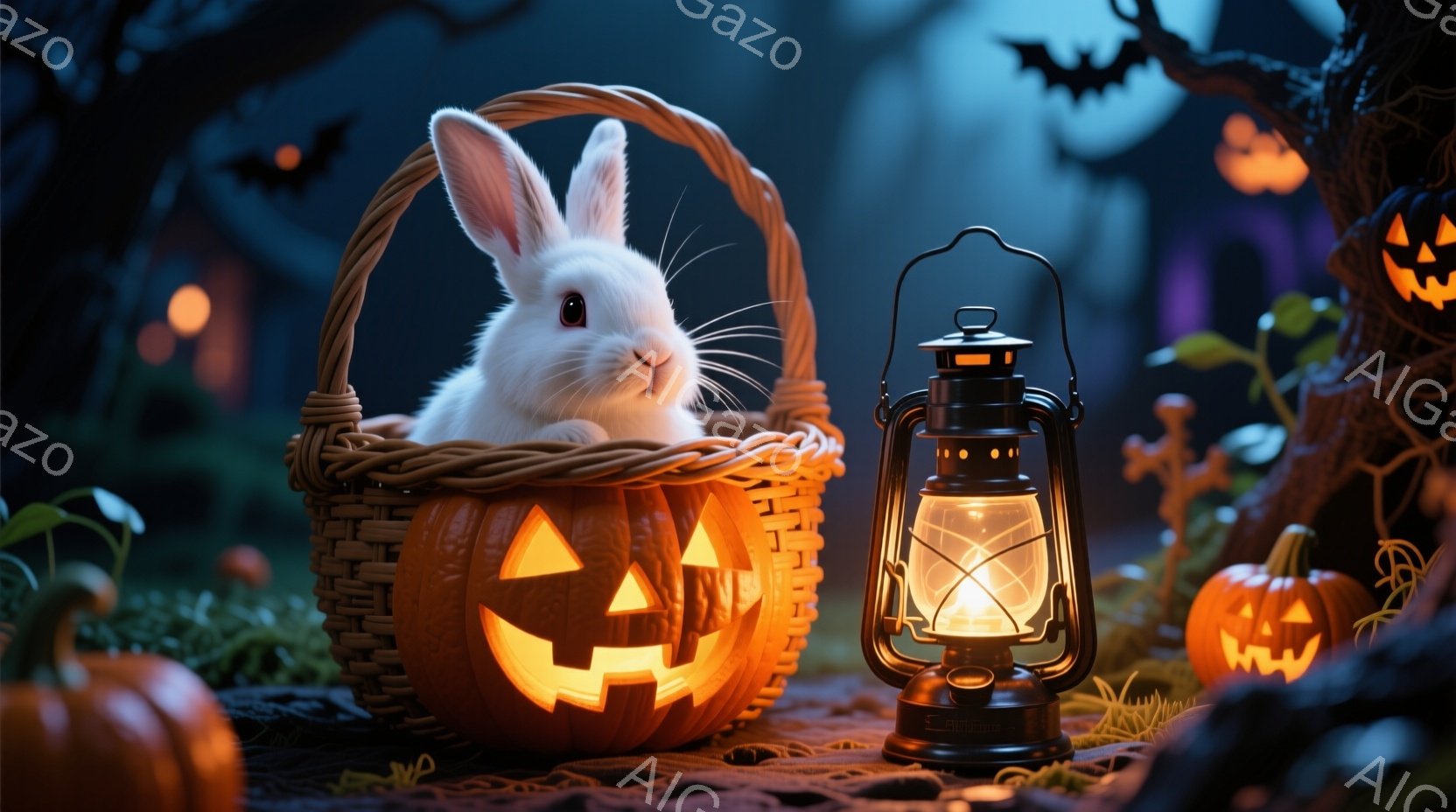 白いウサギが、ジャック・オー・ランタンの彫刻が施されたカゴの中に座っています。背景には、ハロウィーンの装飾が施されたカボチャやコウモリが浮かび、オレンジ色の光が夜の暗闇を照らしています。全体的に、ハロ - AI生成フリー素材