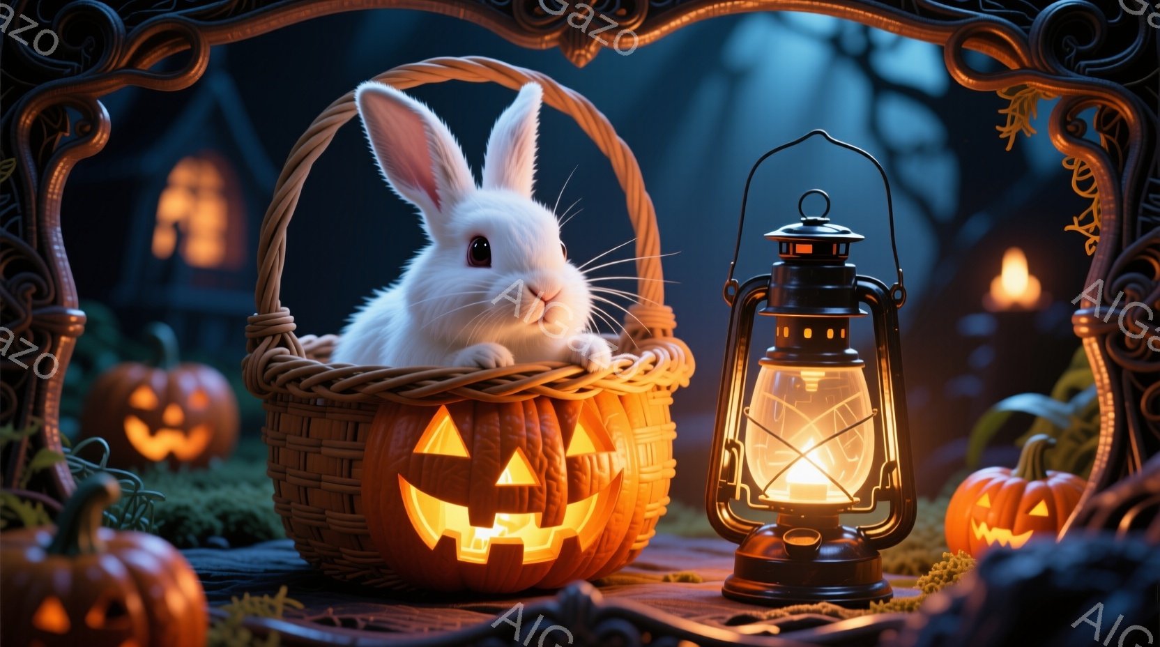 白いウサギが、ハロウィーンの飾りであるジャック・オー・ランタンの形をした籠の中に座っています。周囲には、様々な大きさの光るカボチャが置かれ、背景には暗い森とぼんやりとした家々が見えます。 全体的に、温かい光に包まれた幻想的で、少し不気味なハロウィーンの夜の雰囲気が漂っています。