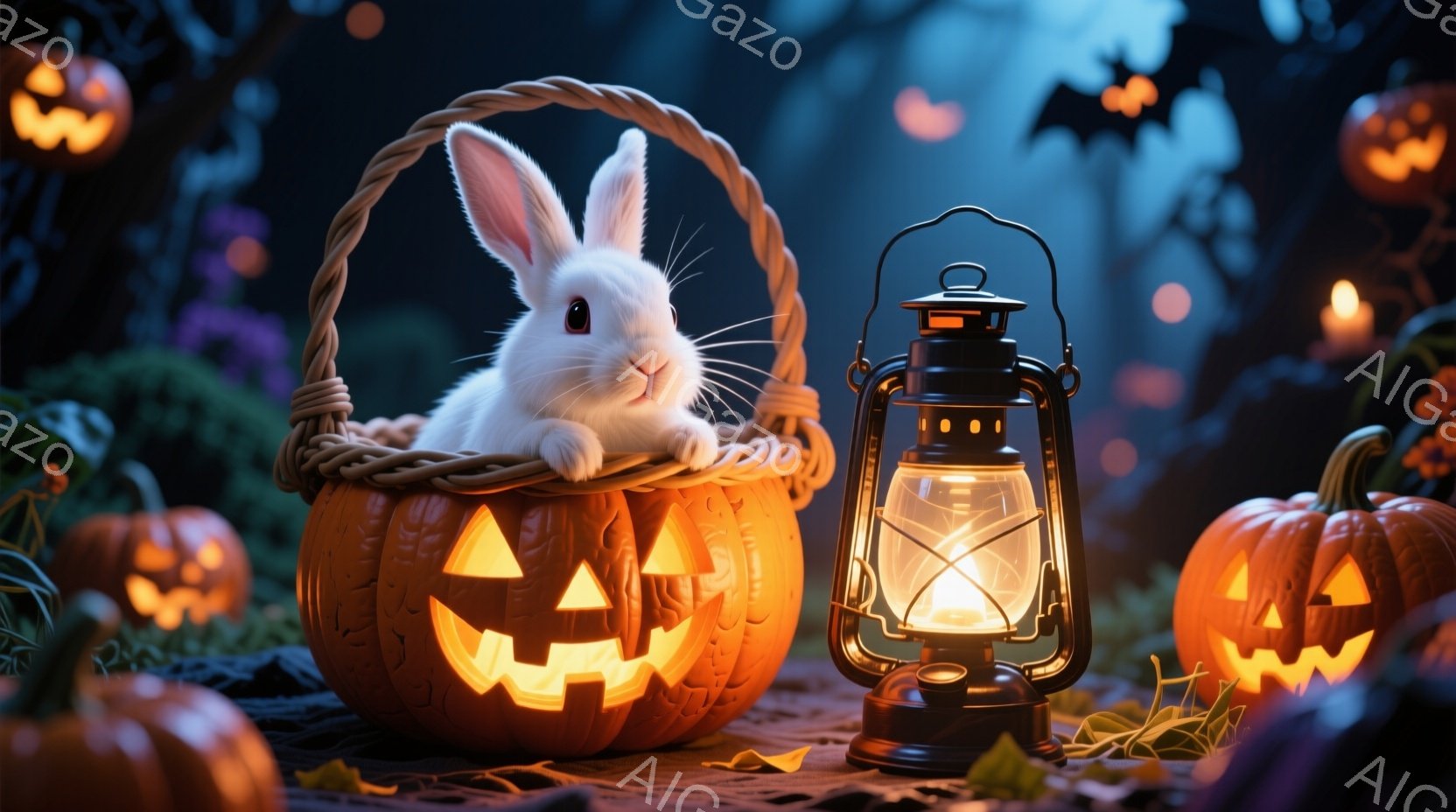 白いウサギが、ジャック・オー・ランタンのようにくり抜かれたカボチャで作られた籠の中に座っています。周囲には様々な大きさのカボチャが散らばり、遠くには不気味な雰囲気の木々が見えます。 提灯の暖かい光が、 - AI生成フリー素材