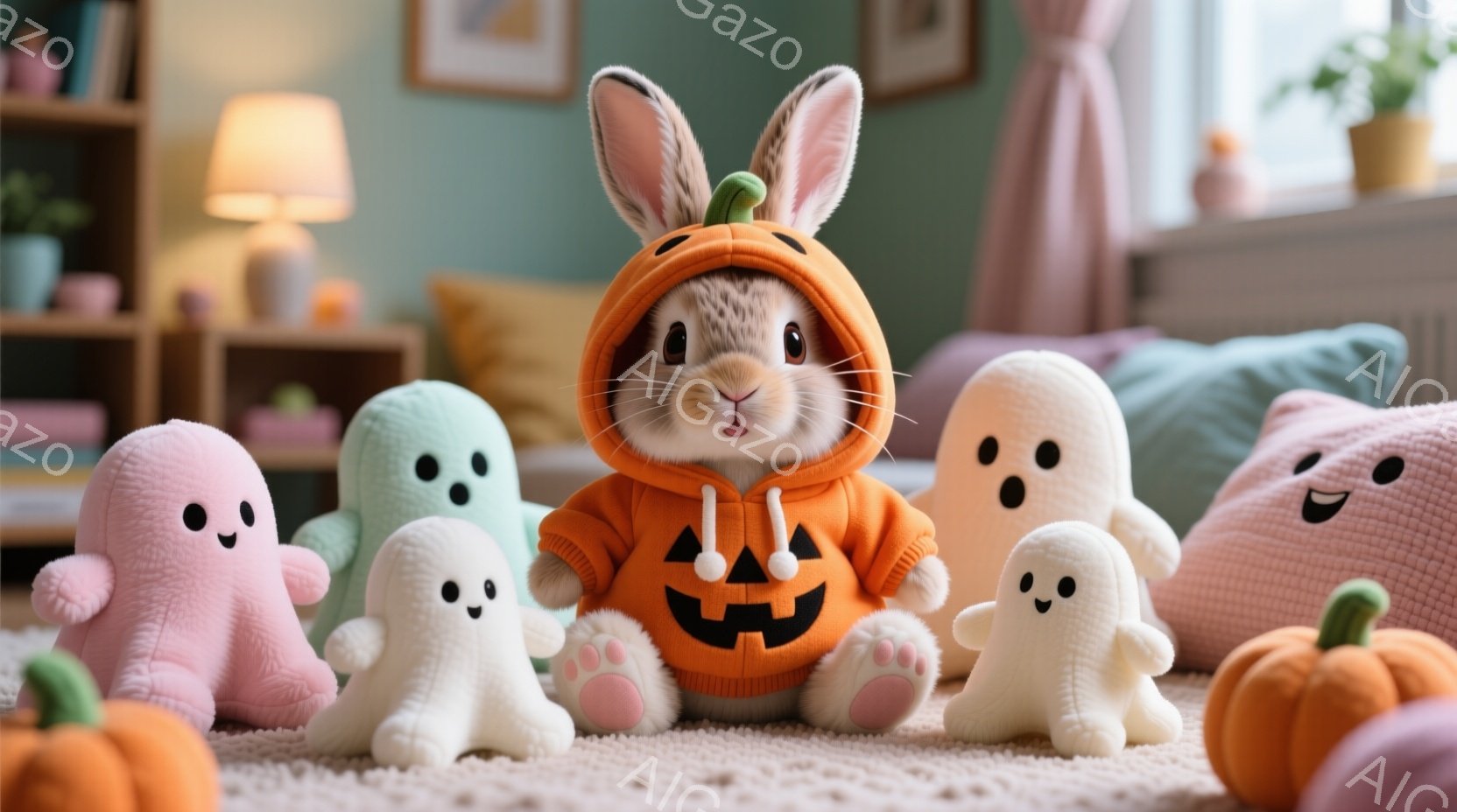 ハロウィーンをテーマにした可愛らしい写真です。オレンジ色のカボチャの衣装を着たウサギが、ふわふわの幽霊のぬいぐるみに囲まれて座っています。背景には、柔らかい色合いのソファと、ハロウィーンの装飾がされた部屋がぼやけて見え、全体的に温かく、遊び心のある雰囲気です。