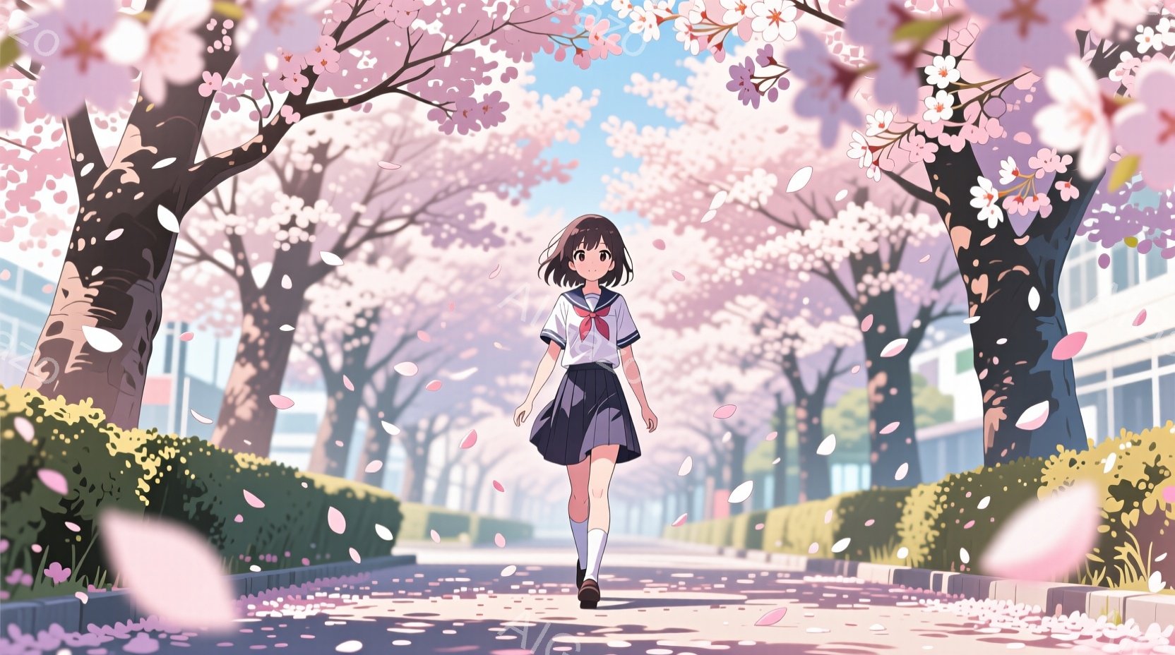 制服を着た少女が、桜並木が続く道を歩いている。彼女は黒髪のショートボブで、表情は穏やかで少し微笑んでいるように見える。背景には、淡いピンク色の桜が咲き乱れ、遠くには校舎が見え、春の暖かく優しい雰囲気が漂っている。