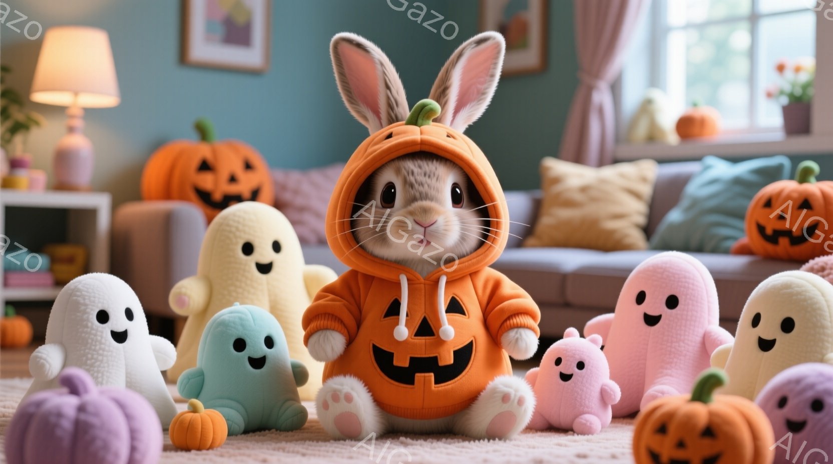 オレンジ色のカボチャの衣装を着た小さなウサギが、ふわふわの白い幽霊の人形に囲まれて床に座っています。背景には、ハロウィーンの飾り付けがされたリビングルームがあり、オレンジ色のカボチャのランタンや紫色の - AI生成フリー素材