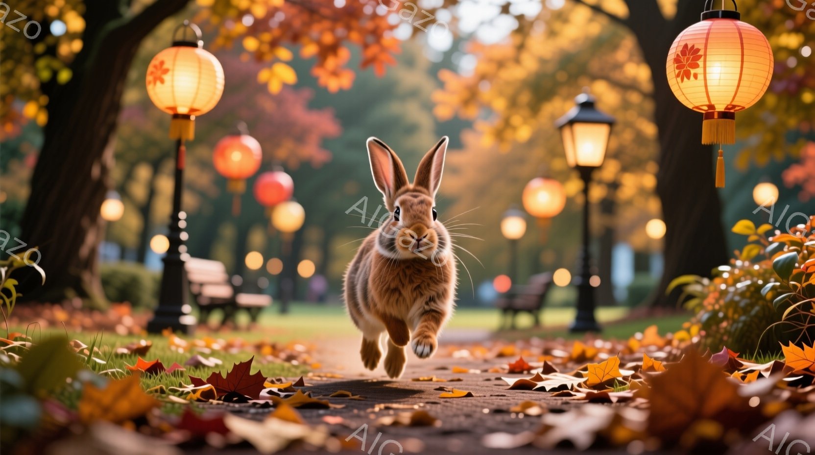茶色いウサギが公園の小道を走っており、焦点が合っているため、非常に鮮明に見える。背景には、秋の紅葉と、点灯した提灯や街灯が並び、暖かく幻想的な雰囲気を作り出している。鮮やかな色彩と、ウサギの躍動感によって、秋の公園の美しさが強調されている。