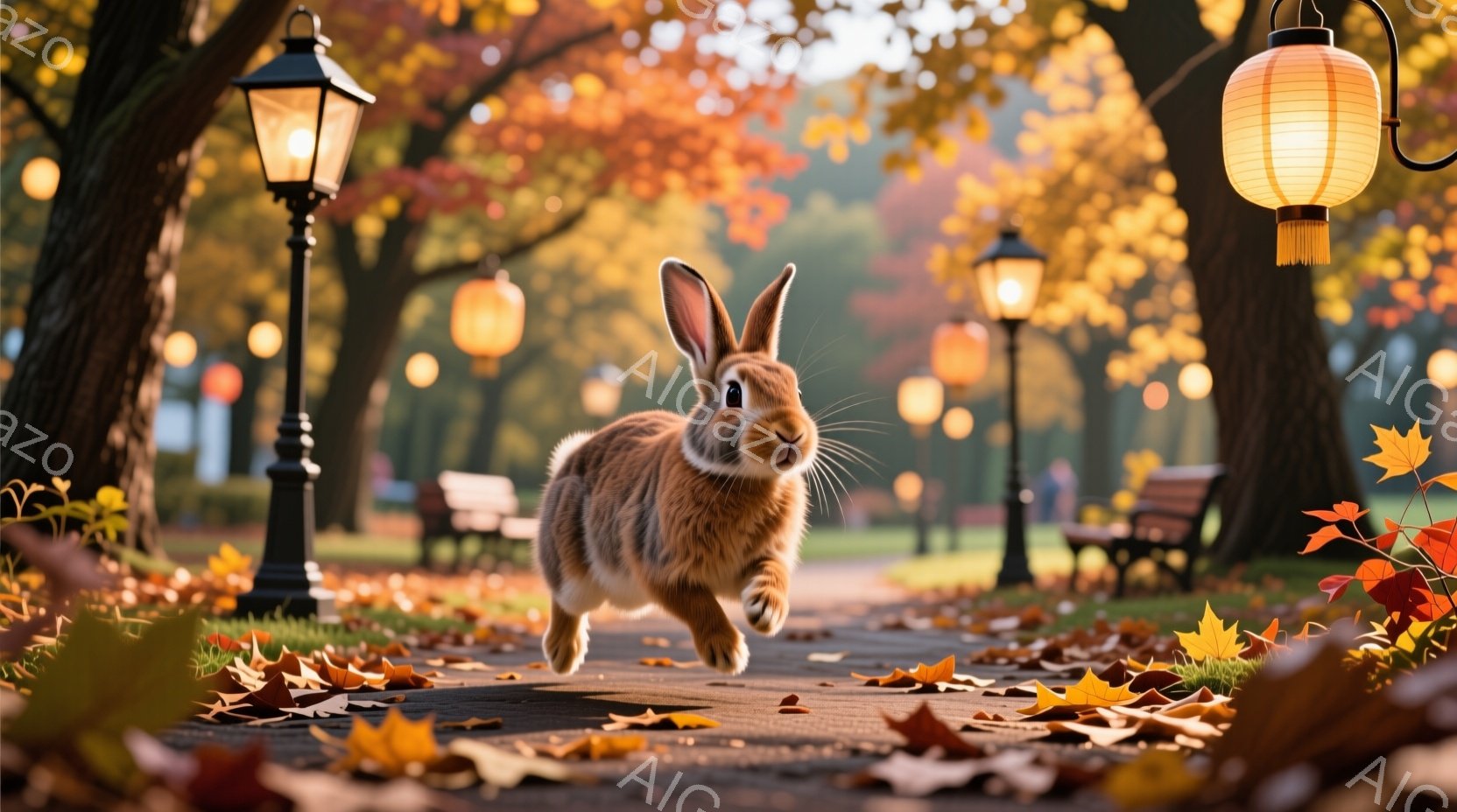鮮やかな秋色の公園を、毛並みの美しい茶色のウサギが元気に駆け抜けている。落葉が敷き詰められた遊歩道、そして背景にはベンチと街灯が並び、暖かく柔らかな光が秋の風景を照らしている。全体的に、穏やかで平和な - AI生成フリー素材