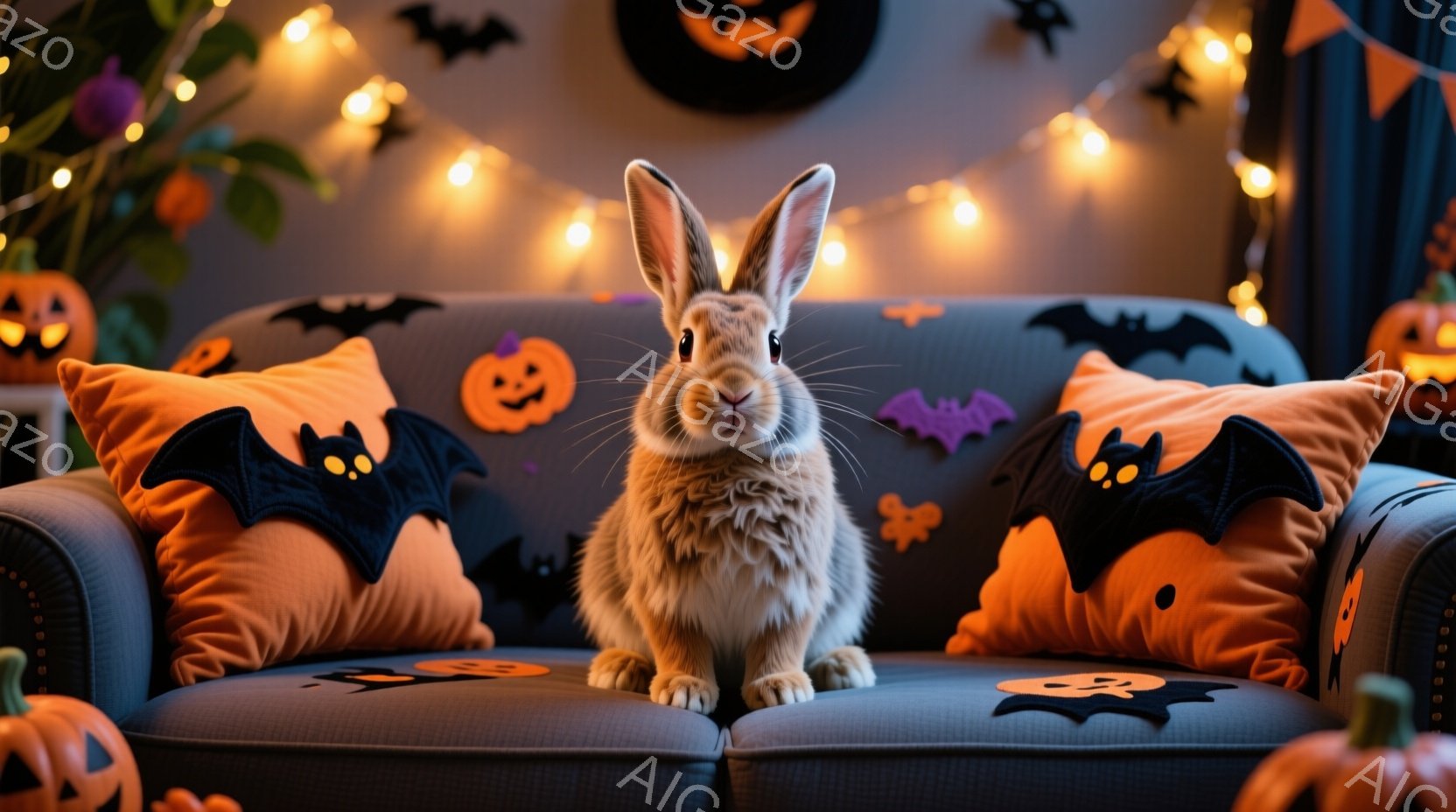 明るい茶色のウサギが、ハロウィーンをテーマにしたクッションが置かれた灰色のソファに座っています。背景には、オレンジ色のカボチャの飾りと、黒いコウモリの形の飾り、そして温かい光のストリングライトがあり、 - AI生成フリー素材