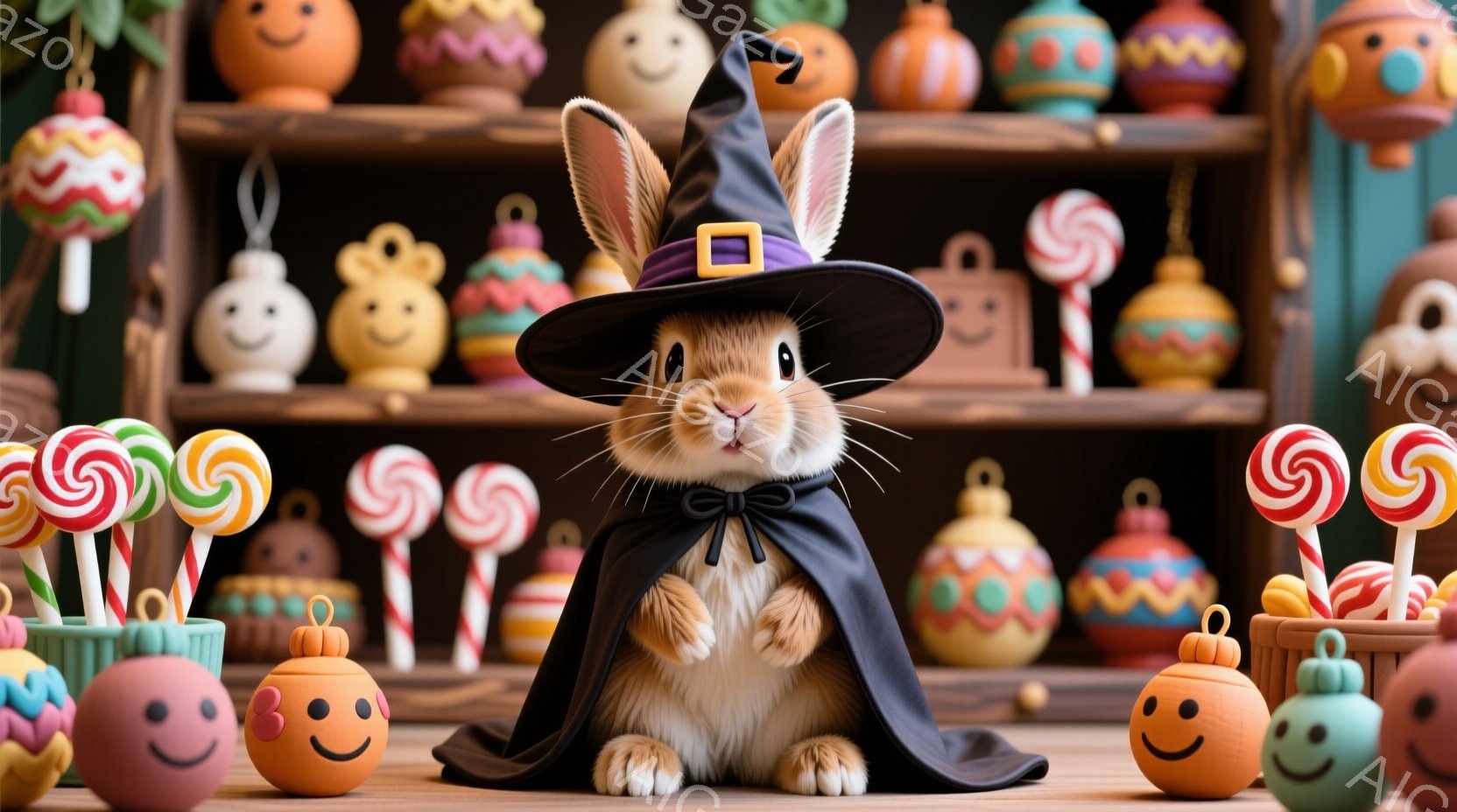 暖炉のような背景に、ハロウィーンの衣装を着たウサギが座っています。黒いマントと先のとがった帽子を身につけ、可愛らしい表情で正面を見ています。背景にはカラフルなキャンディや装飾品が並び、お祭り気分を盛り - AI生成フリー素材