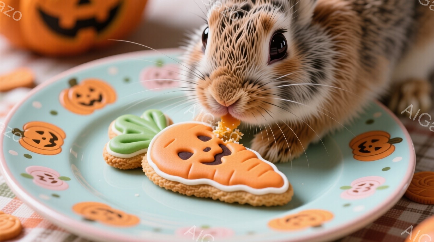 明るい緑色の背景に、可愛らしいウサギがクッキーを食べる様子が写っています。クッキーはニンジン型で、緑色の葉っぱのデコレーションが施されており、お皿にはハロウィンのカボチャの絵柄が散りばめられています。ウサギはクッキーに夢中で、食い付く様子がとても愛らしい雰囲気です。