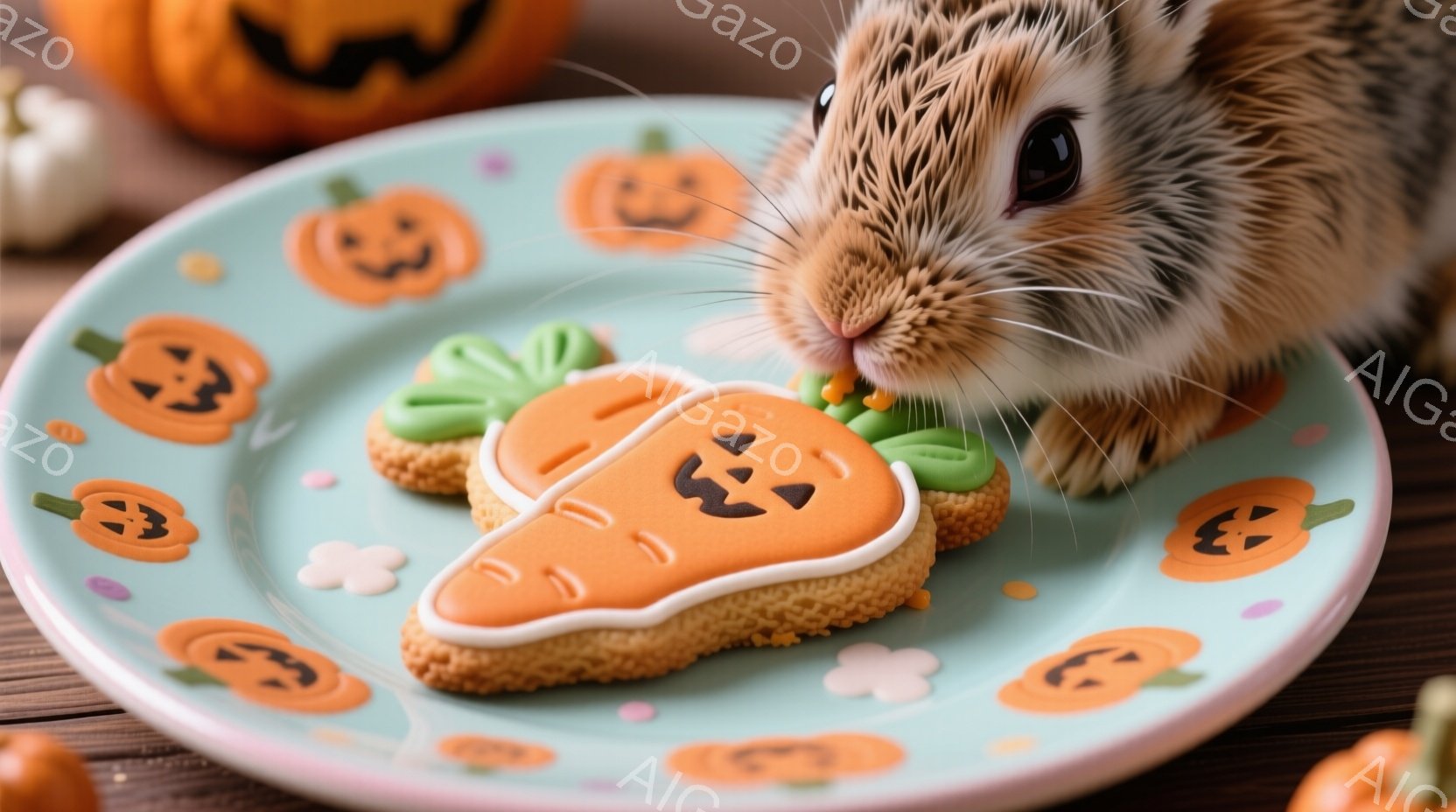 ターコイズブルーの皿に、ハロウィーン風のクッキーが置かれています。クッキーはニンジン型で、オレンジ色のアイシングと白い縁取りが施され、顔の部分にはジャック・オ・ランタンのようなデザインが描かれています - AI生成フリー素材