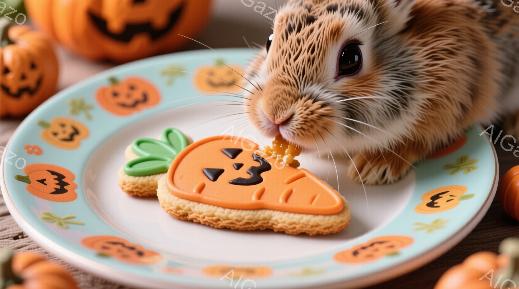 オレンジ色の可愛らしいウサギが、カラフルなクッキーを食べるために近づいている様子が写っています。クッキーはニンジン型で、緑色の葉っぱのデコレーションが施され、ハロウィーン風のパンプキン柄の皿に載せられ - AI生成フリー素材