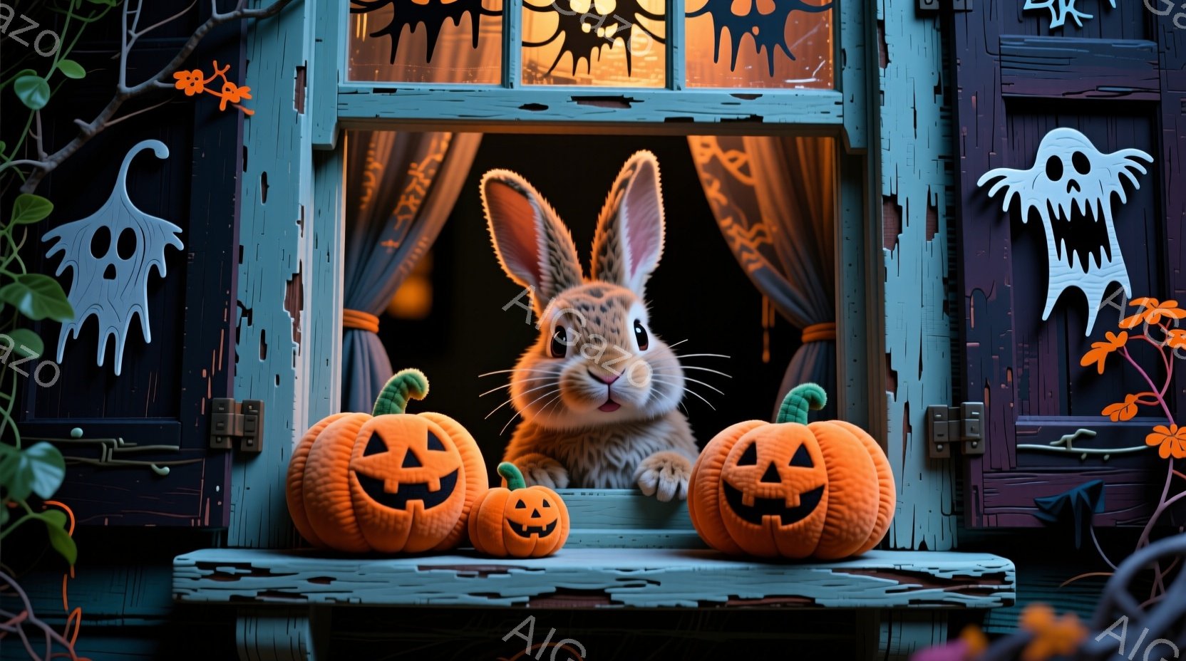 薄暗い紫色の背景に、ハロウィーンの飾り付けがされた窓枠の中に、かわいらしい茶色のウサギが座っています。ウサギはオレンジ色のジャック・オ・ランタンに挟まれ、鼻をヒクヒクさせ、好奇心と楽しそうな表情をして - AI生成フリー素材