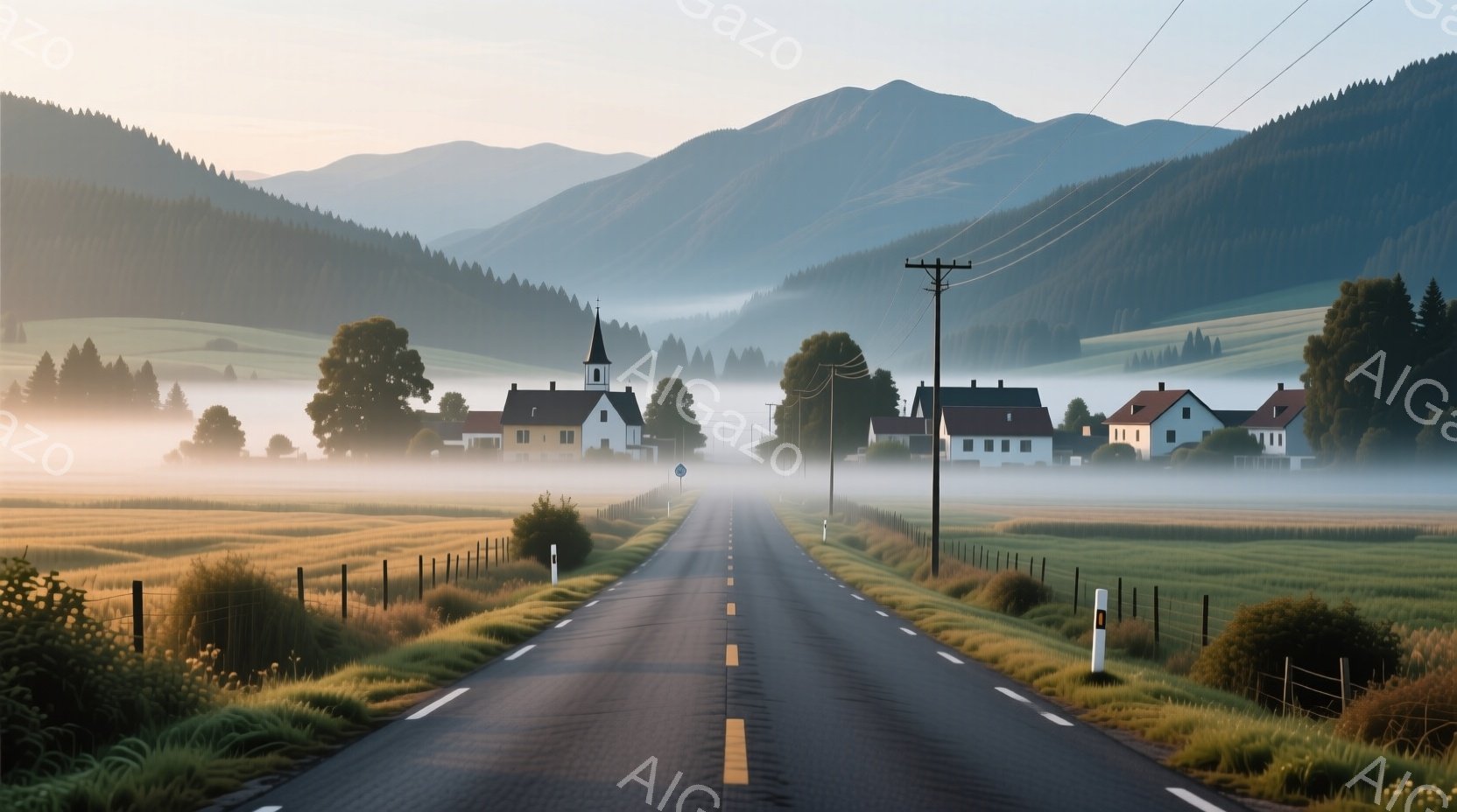 舗装された道路が、霧に包まれた田園風景の中をまっすぐに伸びている。道路の両側には緑豊かな牧草地が広がり、遠方には霧に霞む山々が連なっている。手前には小さな村が見え、可愛らしい家々が並び、穏やかで平和な - AI生成フリー素材