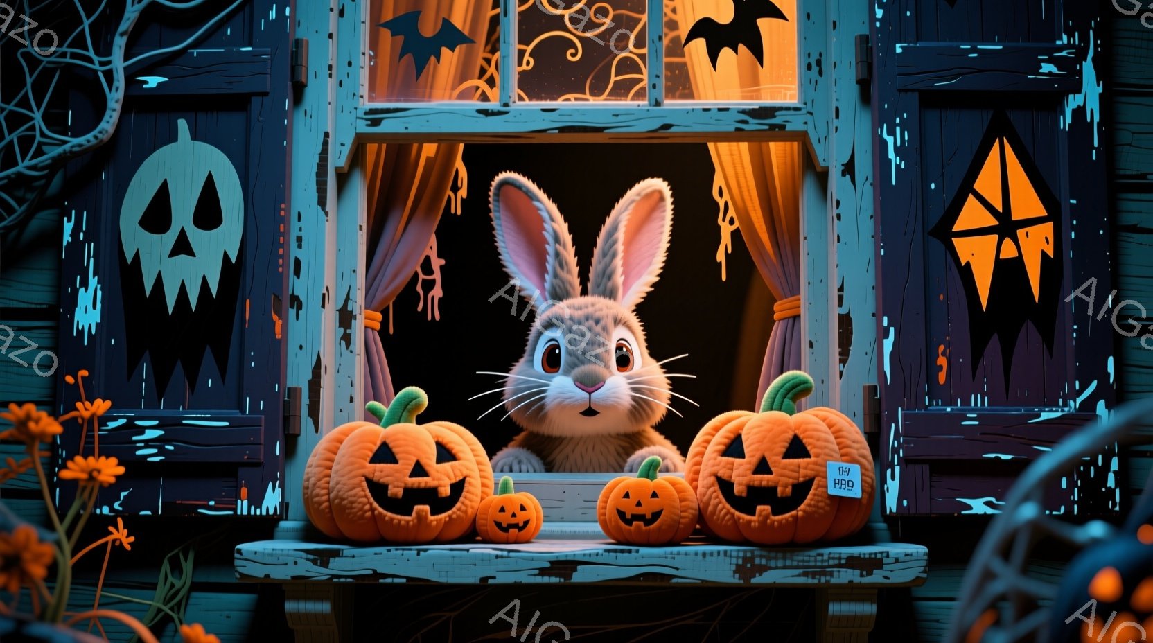 ハロウィーンをテーマにした画像で、オレンジ色のカボチャが彫刻されたランタンが３つ並んでいます。その手前に愛らしい白いウサギが顔を出し、好奇心とわずかな戸惑いの表情を浮かべています。背景には、黒いシルエ - AI生成フリー素材