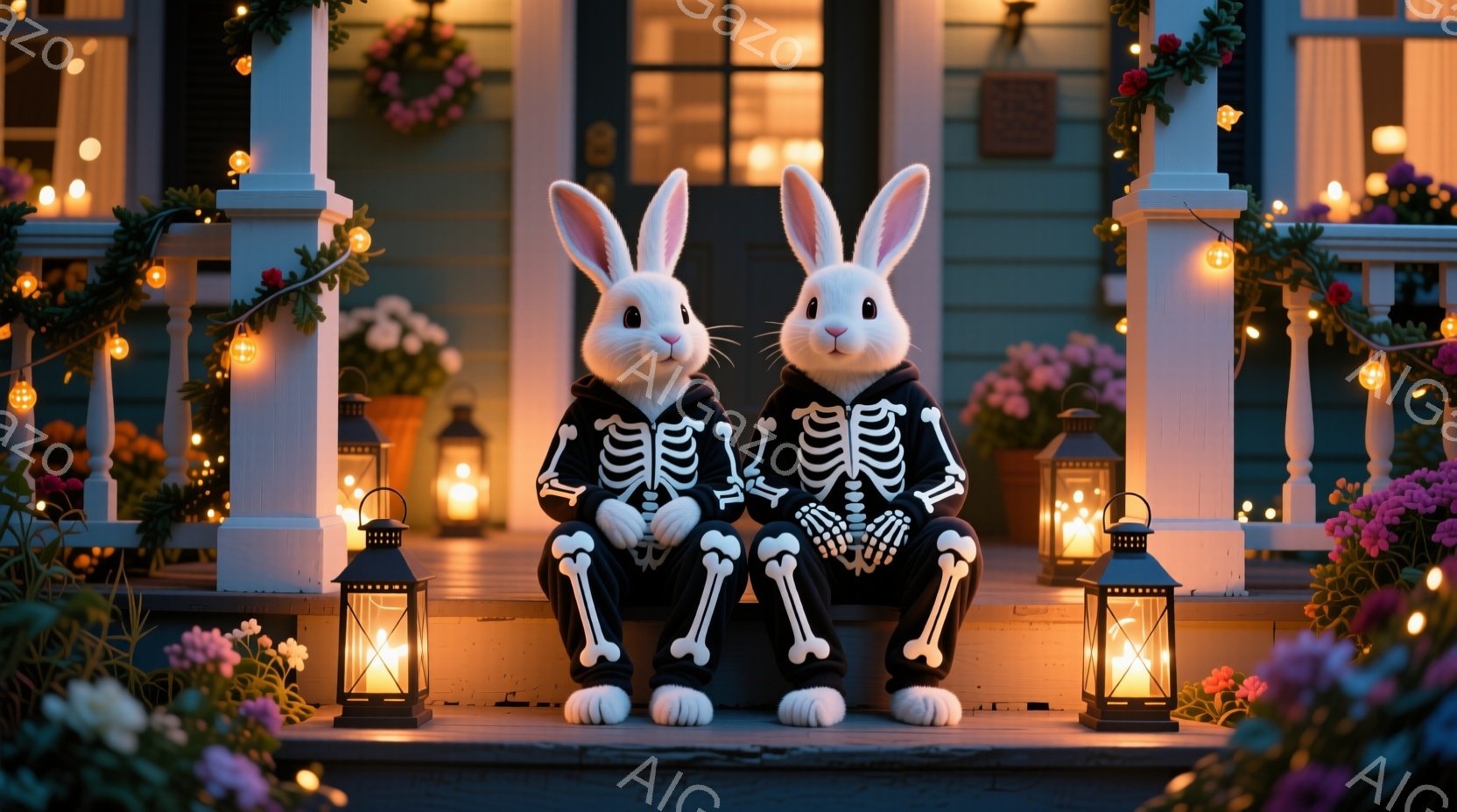 白いウサギが2匹、ハロウィーン風の骸骨柄のジャンプスーツを着て、家の階段に並んで座っています。周囲にはランタンが灯り、ピンクやオレンジ色の花で飾られた美しい背景が広がっています。全体的に暖かく、お祝い - AI生成フリー素材