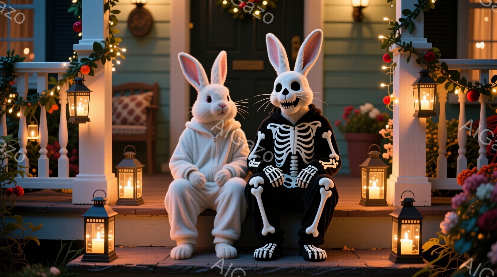白と黒のウサギの着ぐるみ姿の二人が、家のポーチの階段に並んで座っています。片方のウサギは全身白、もう片方は骸骨の模様が描かれた黒色の着ぐるみで、どちらも大きな耳が特徴的です。背景には、クリスマスの飾り付けがされた家と、灯りのついたランタンが並び、暖かくお祝いムードに満ちた雰囲気です。