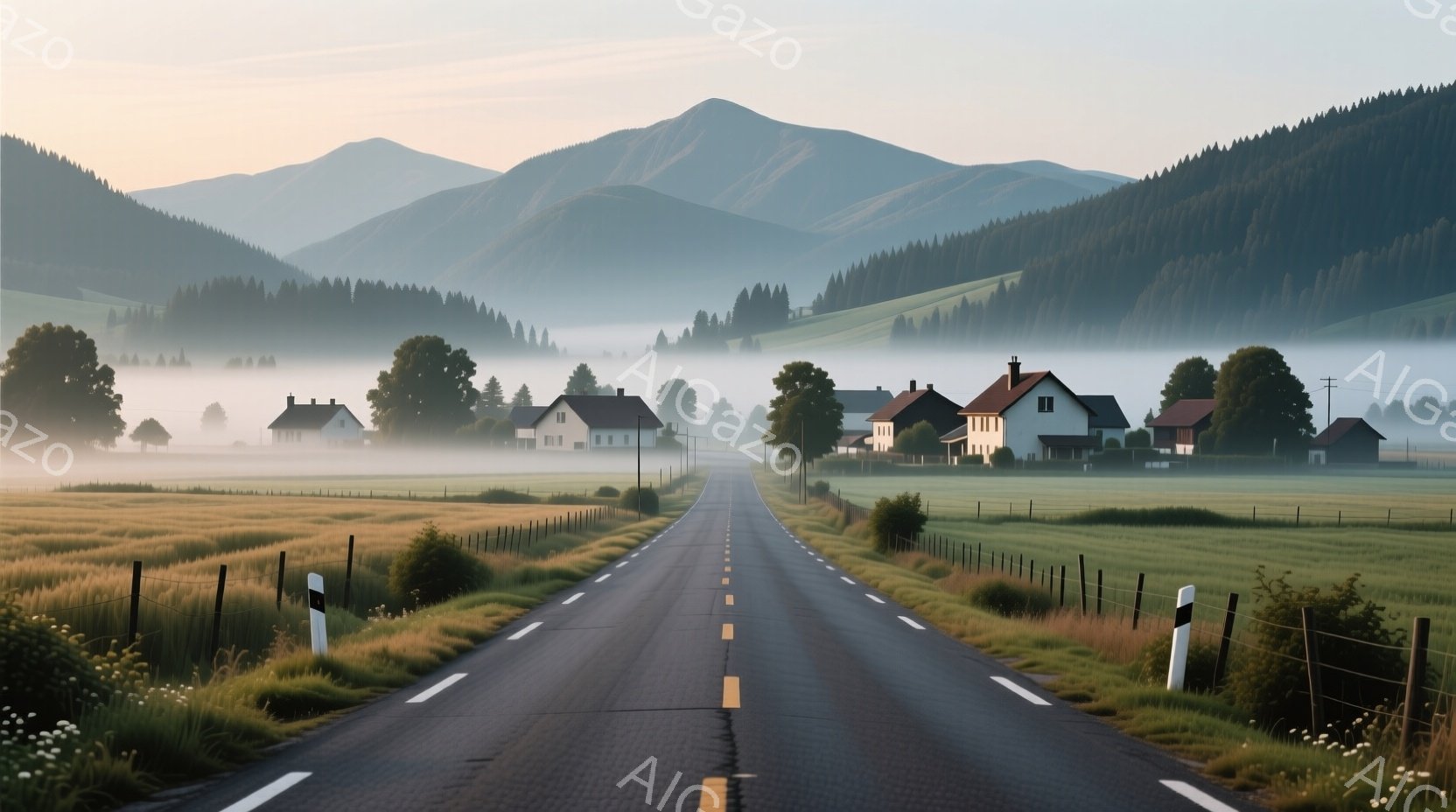 なだらかな緑の丘と、霧のかかった風景が広がり、アスファルトの道が遠くまで続いています。道の両脇には黄色い野草が生い茂り、遠くには可愛らしい家々が点在しています。全体的に穏やかで、平和な田園風景が広がっています。